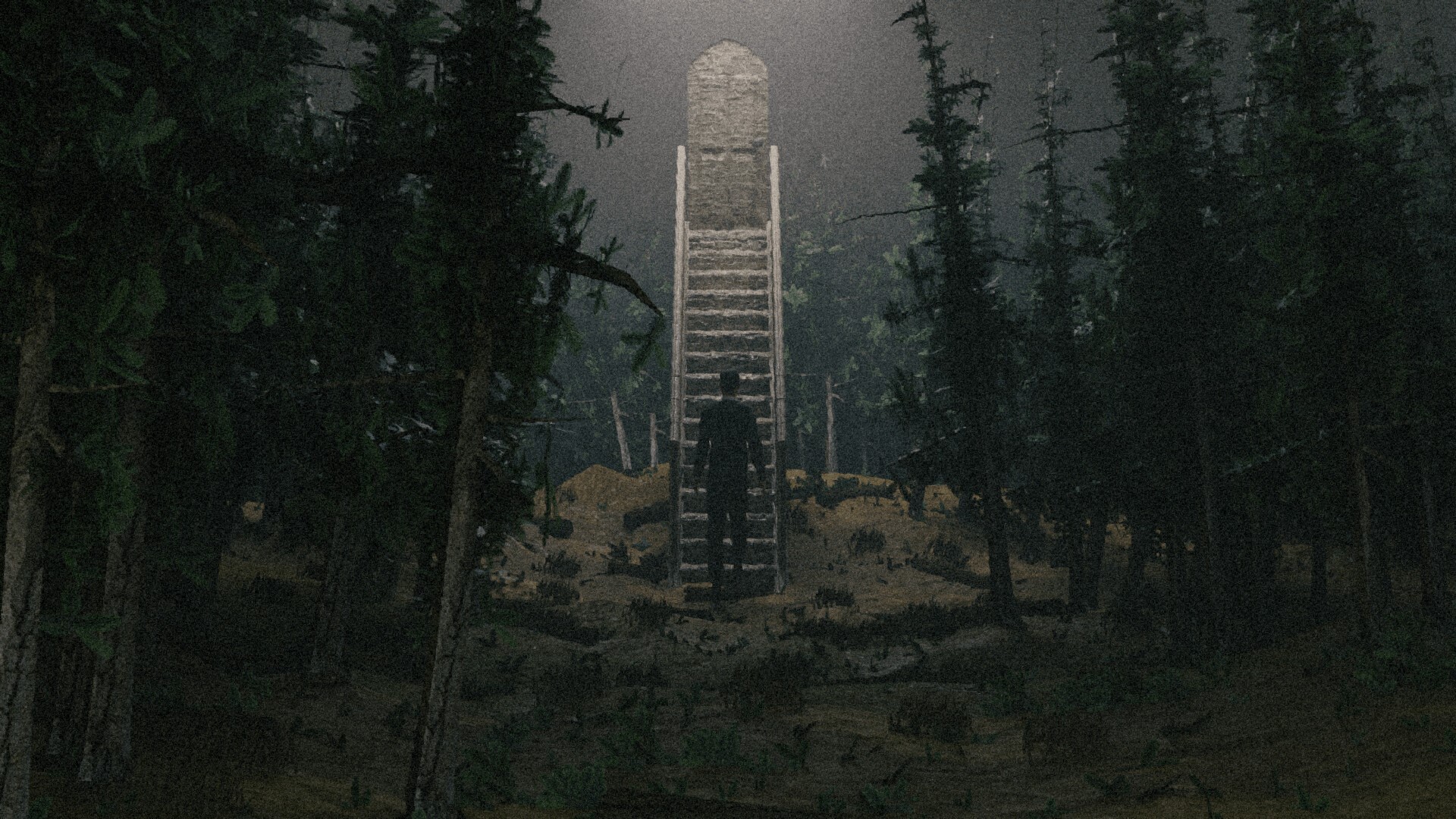 Man standing at the bottom of a wooden staircase leading to a stone archway in a dark forest HD Wallpaper