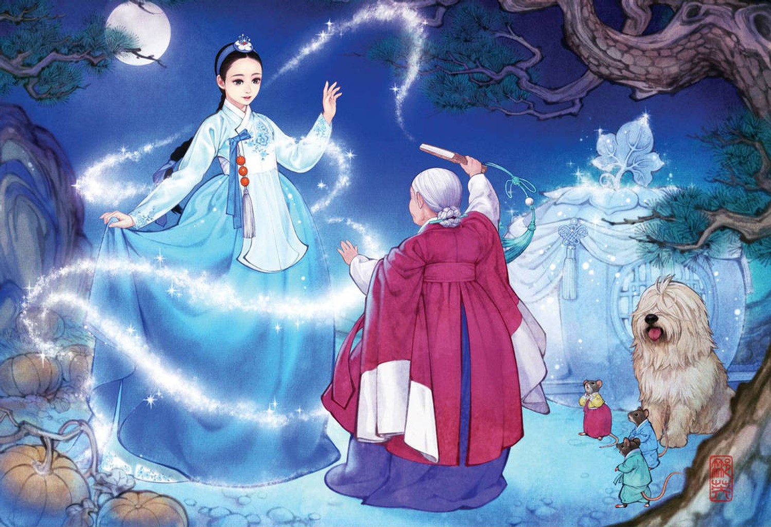 Fantasy art of a girl in a blue hanbok with mice and a dog HD Wallpaper