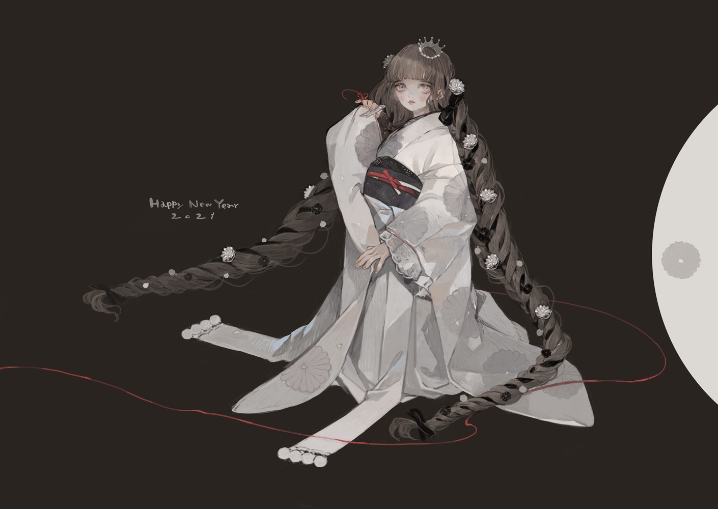 Anime girl in white kimono with long braids HD Wallpaper