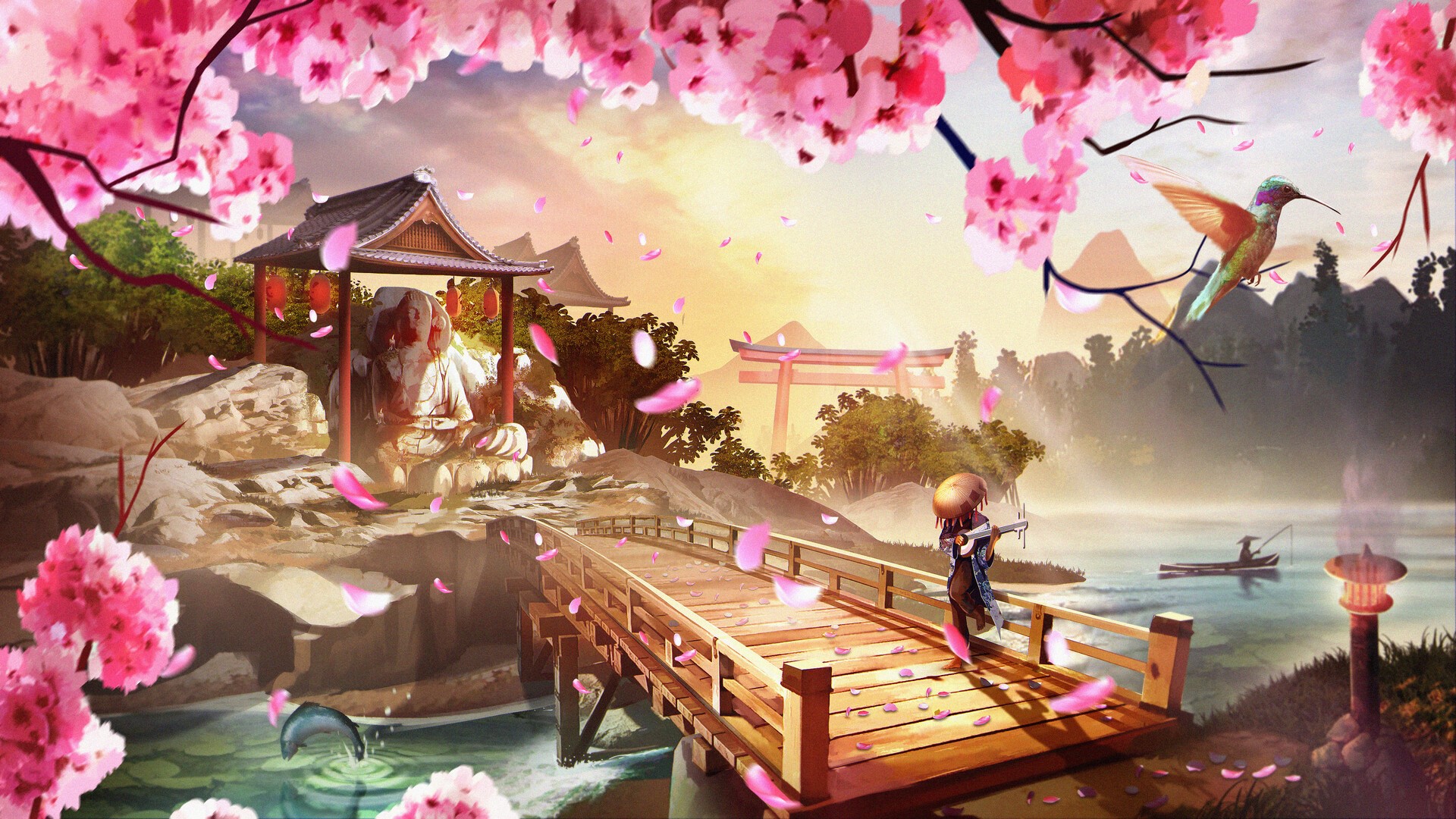 Anime landscape with cherry blossoms, bridge, and a hummingbird HD Wallpaper