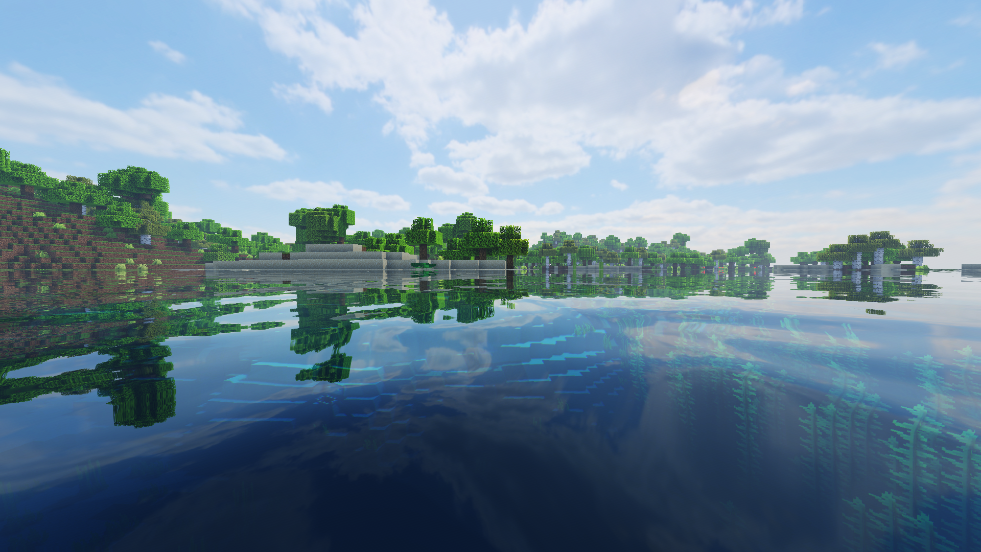 Minecraft landscape with trees and water reflections HD Wallpaper