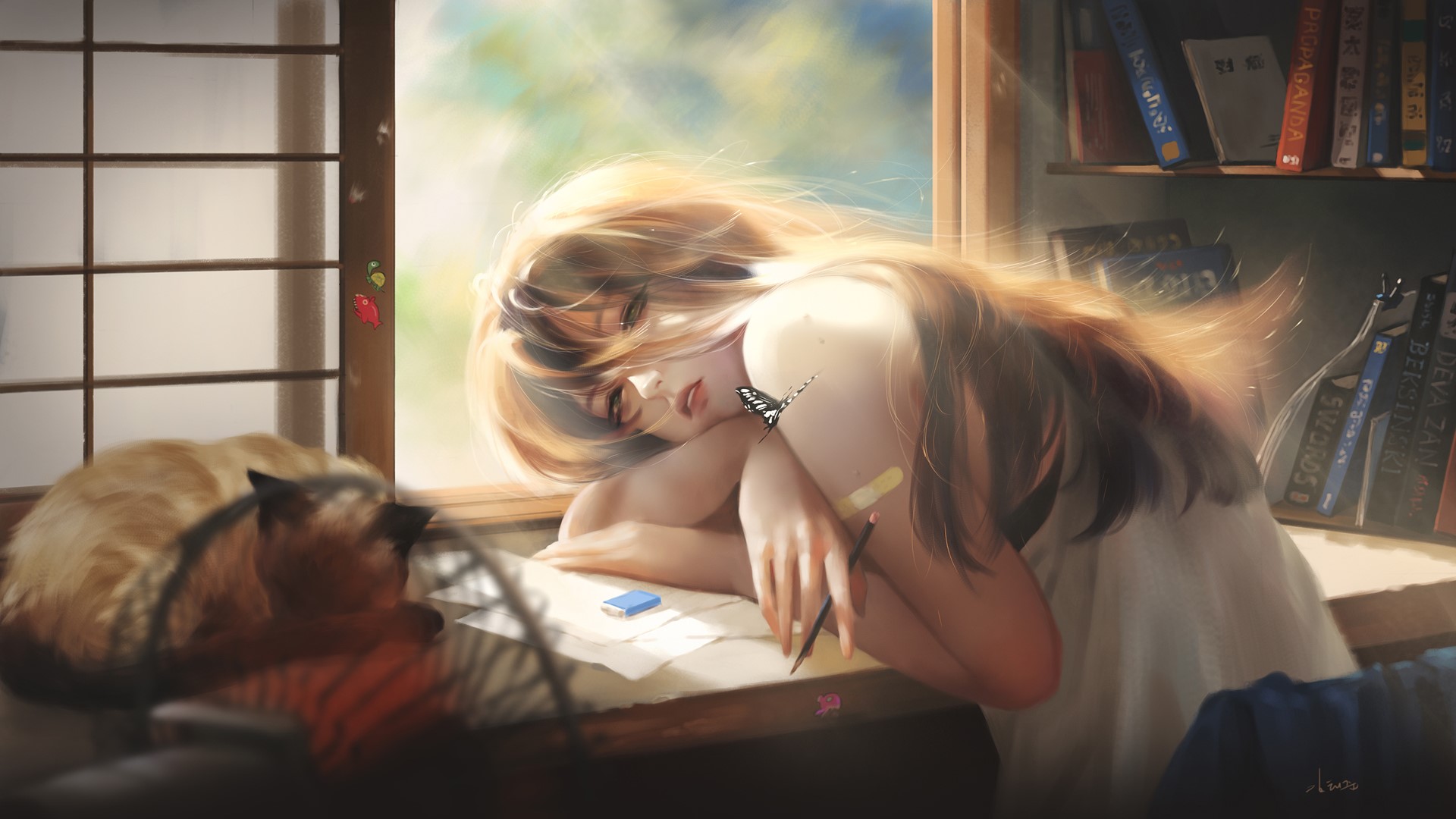 Girl sleeping at desk with cat and books HD Wallpaper