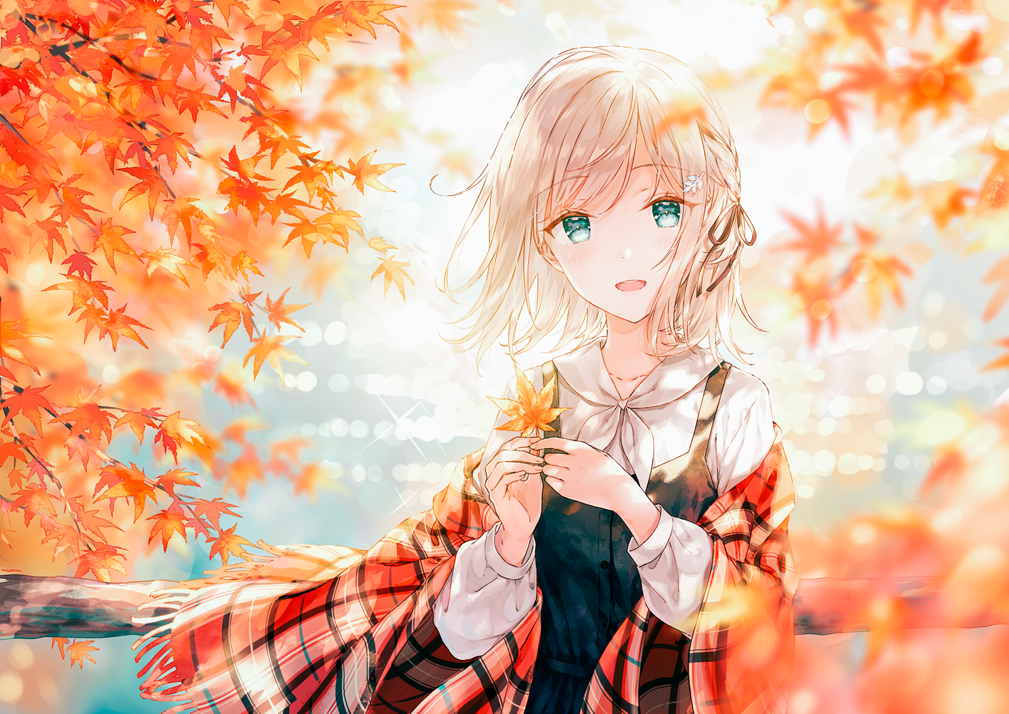 Anime girl with blonde hair in autumn leaves HD Wallpaper