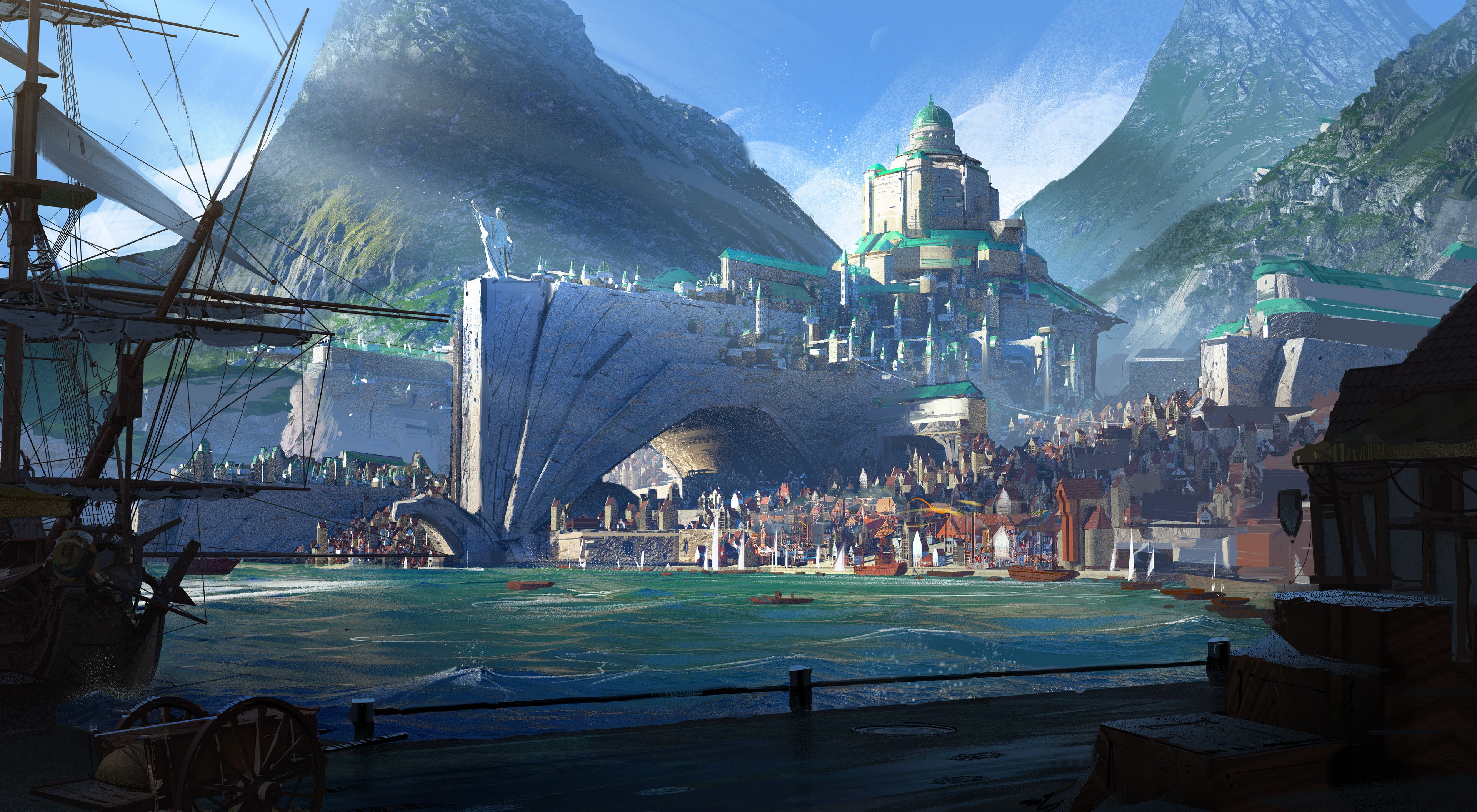 4K Artwork of a Fantasy Port City by Jonas Hassibi HD Wallpaper