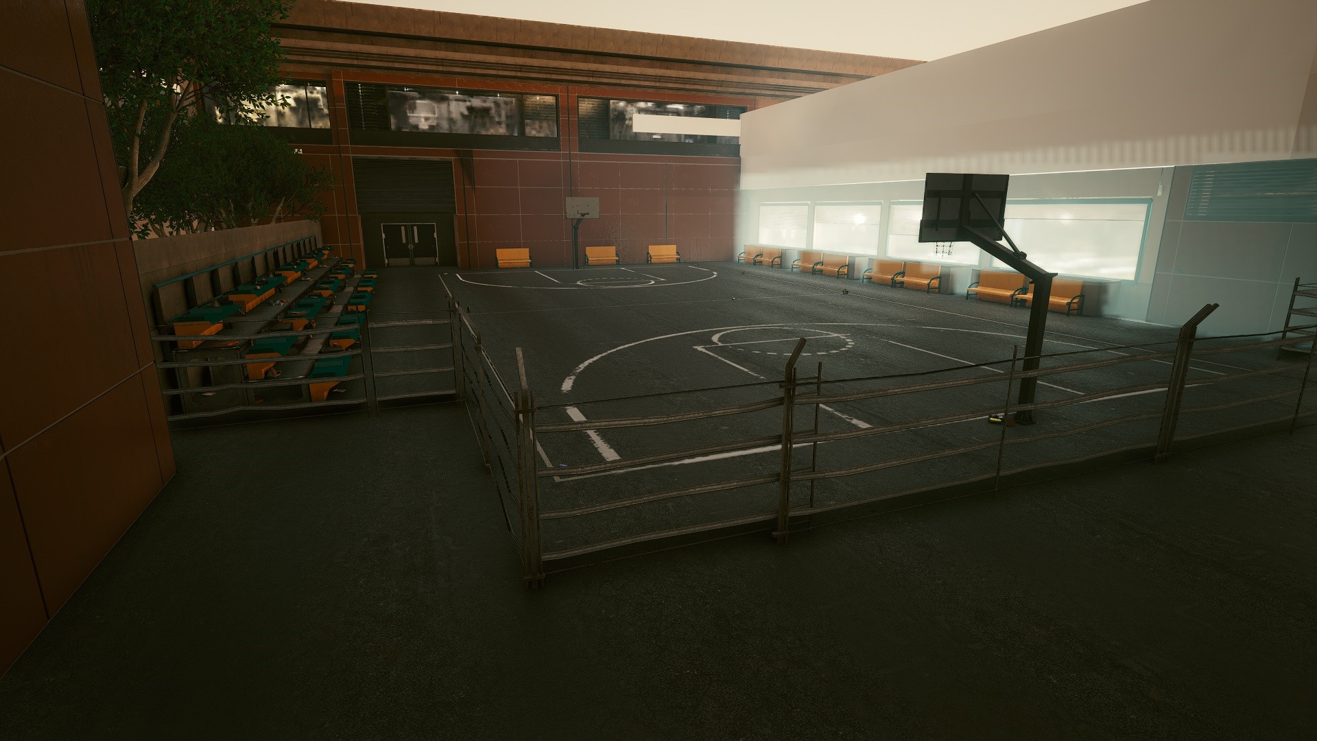 Cyberpunk 2077 basketball court with seating HD Wallpaper