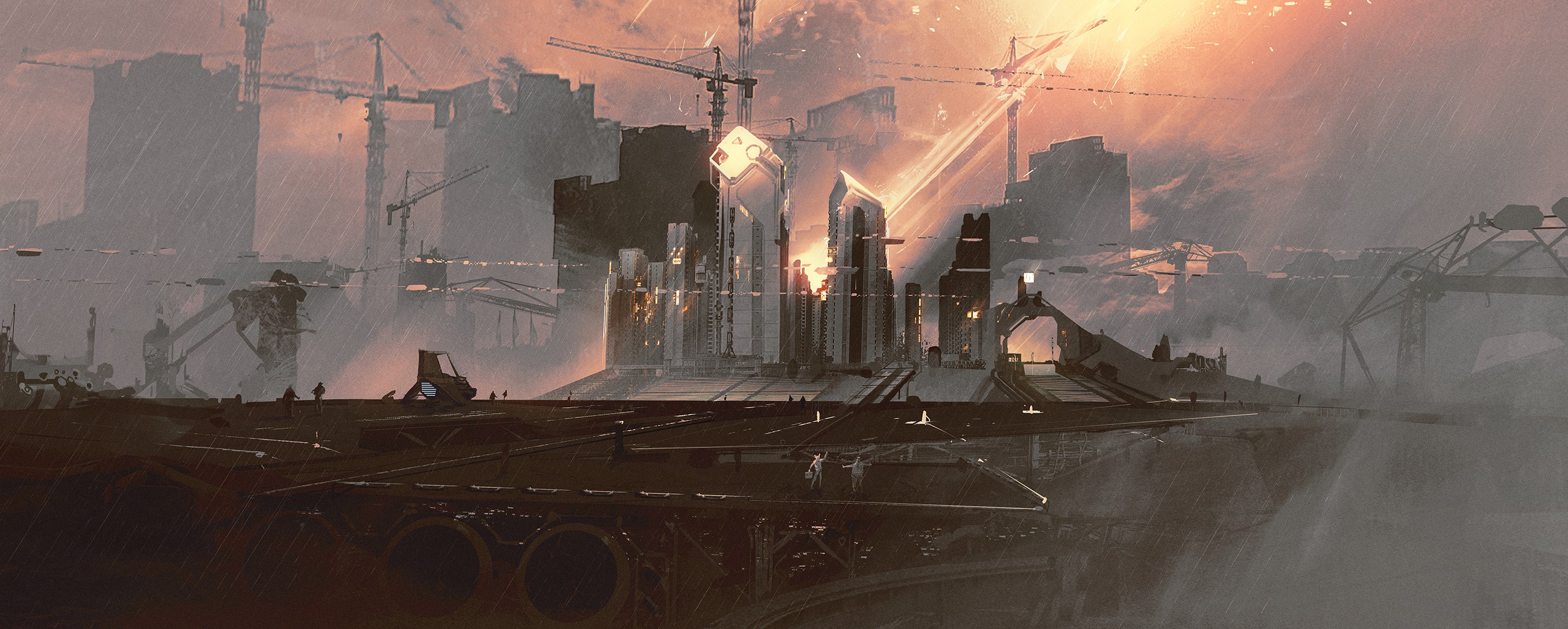Futuristic city under construction with cranes and tall buildings HD Wallpaper