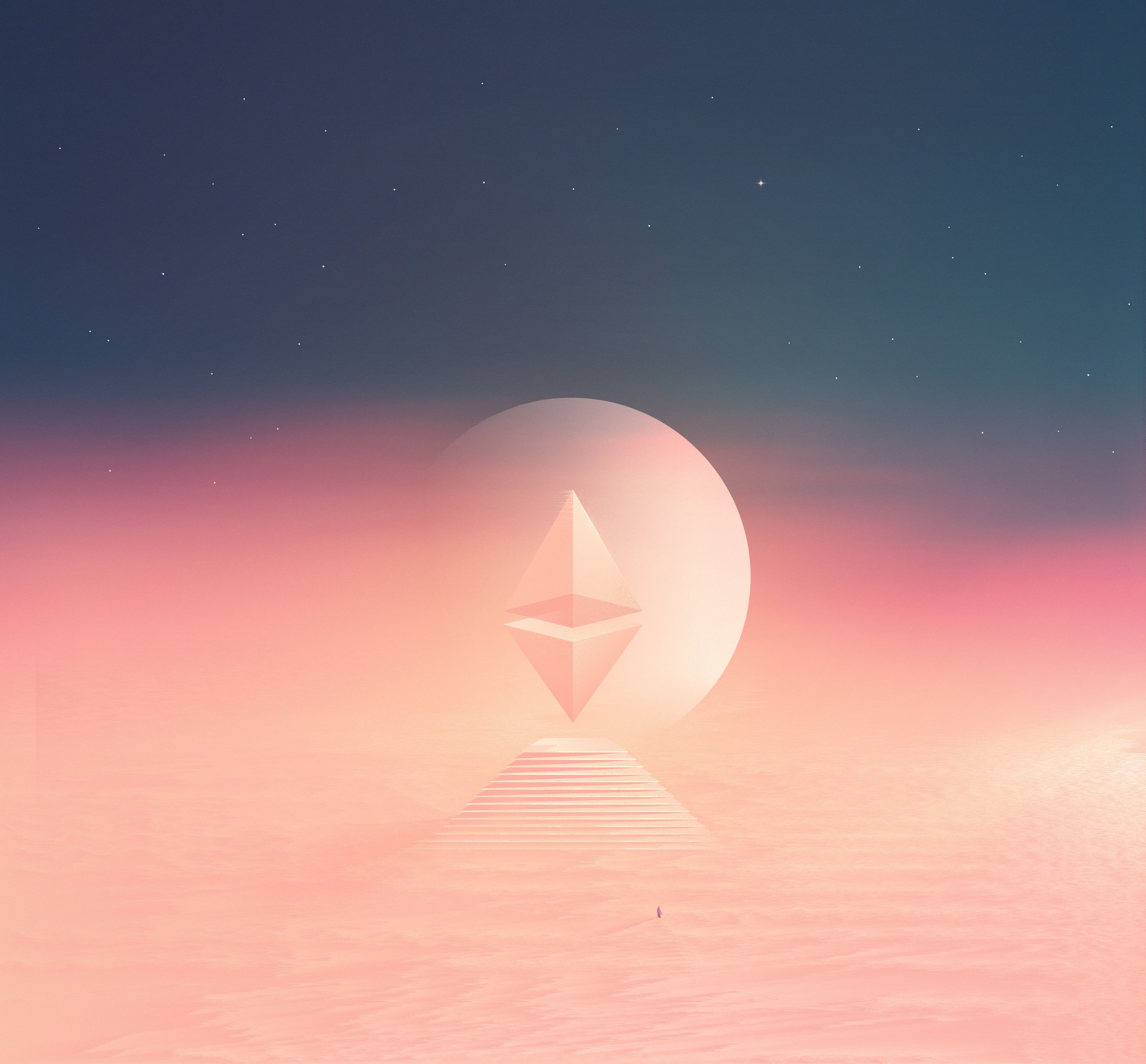 Ethereum symbol on stairs with moon and stars HD Wallpaper