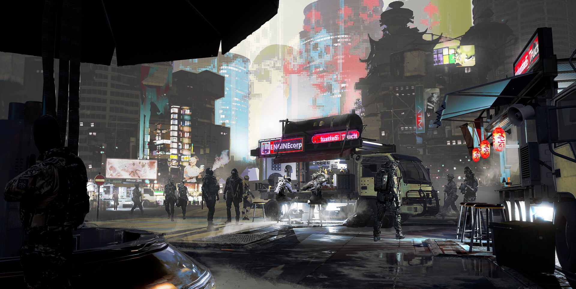 Futuristic city street with people and food stalls HD Wallpaper