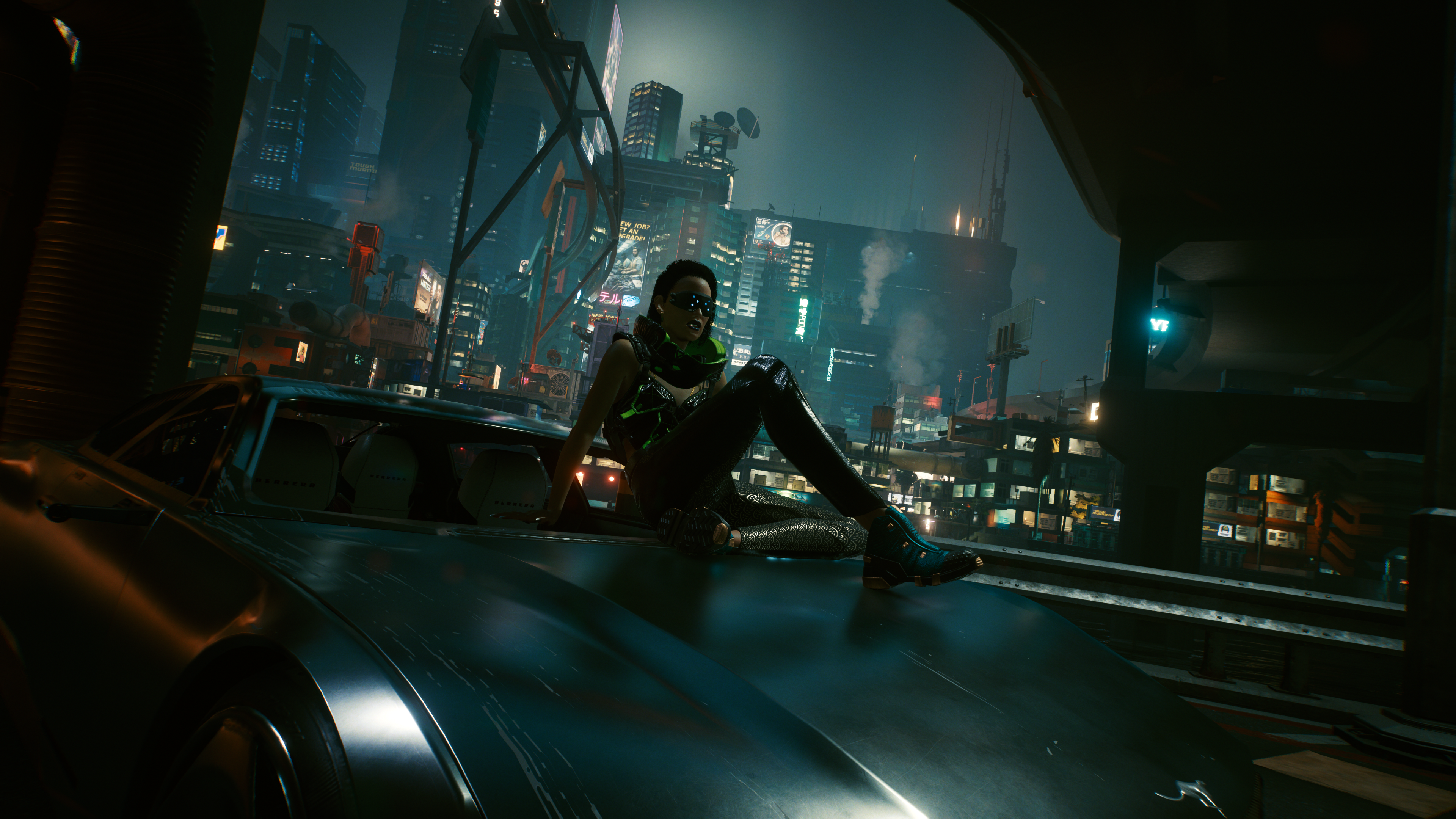 Woman on car in Cyberpunk 2077 cityscape at night HD Wallpaper