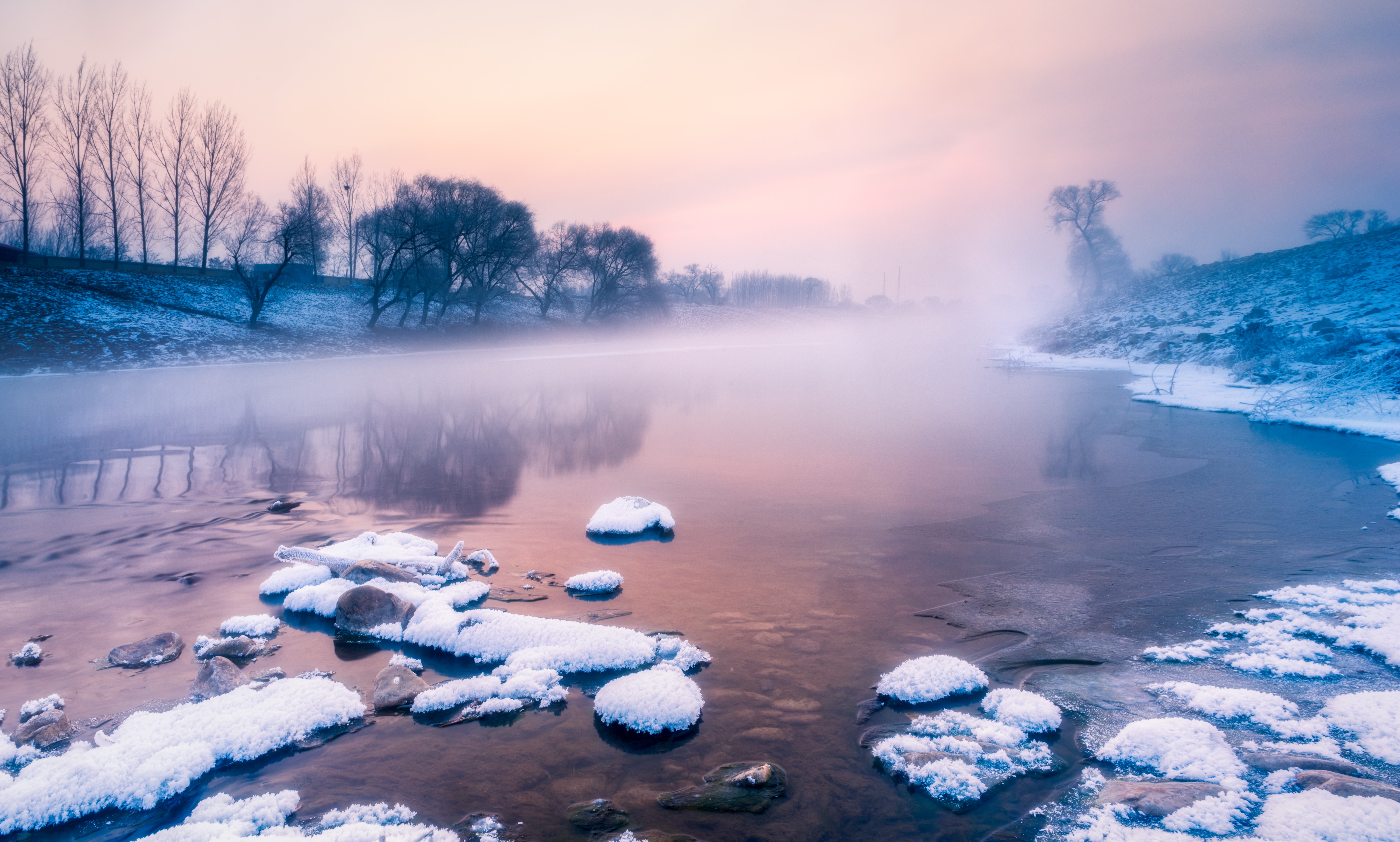 Winter river with mist and snow-covered rocks HD Wallpaper