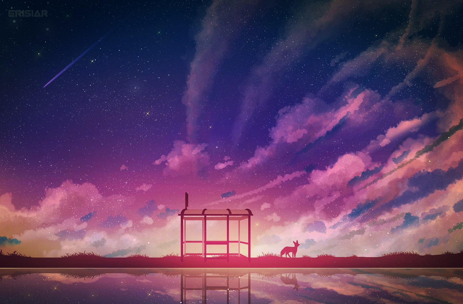 Fox and bus stop under starry sky HD Wallpaper