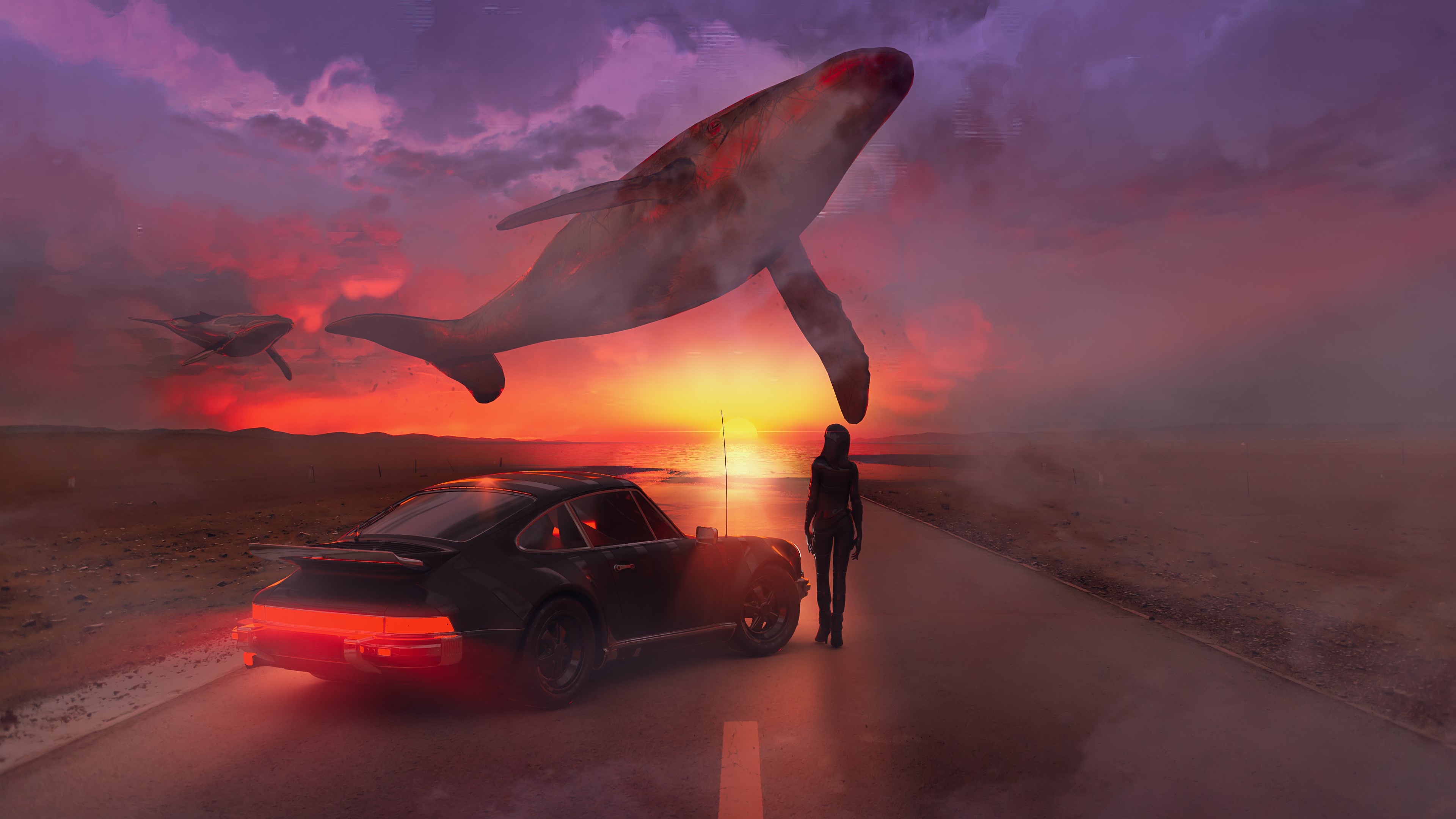 4K Porsche and flying whales at sunset HD Wallpaper