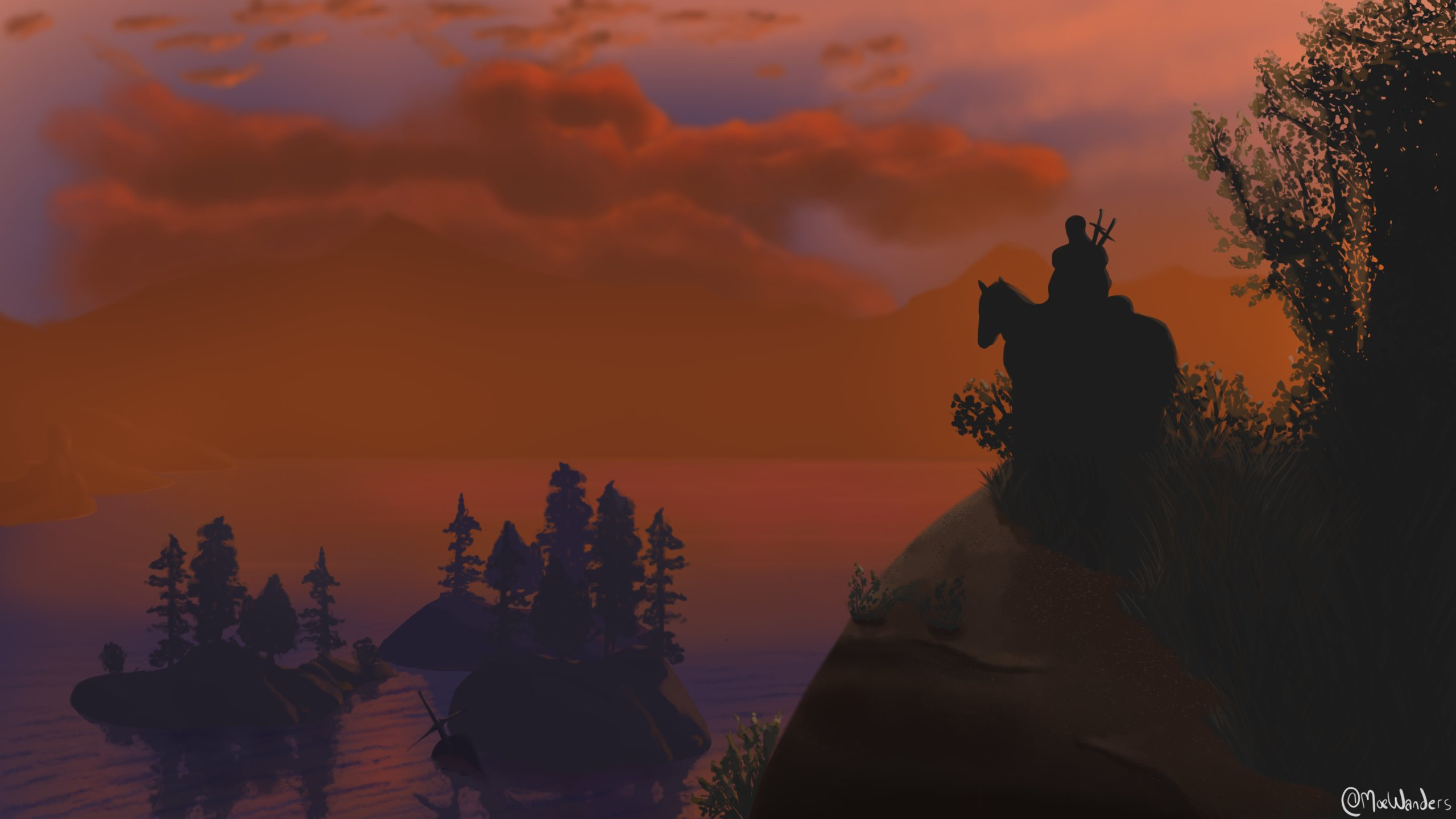 Geralt from The Witcher on a cliff overlooking a lake at sunset HD Wallpaper