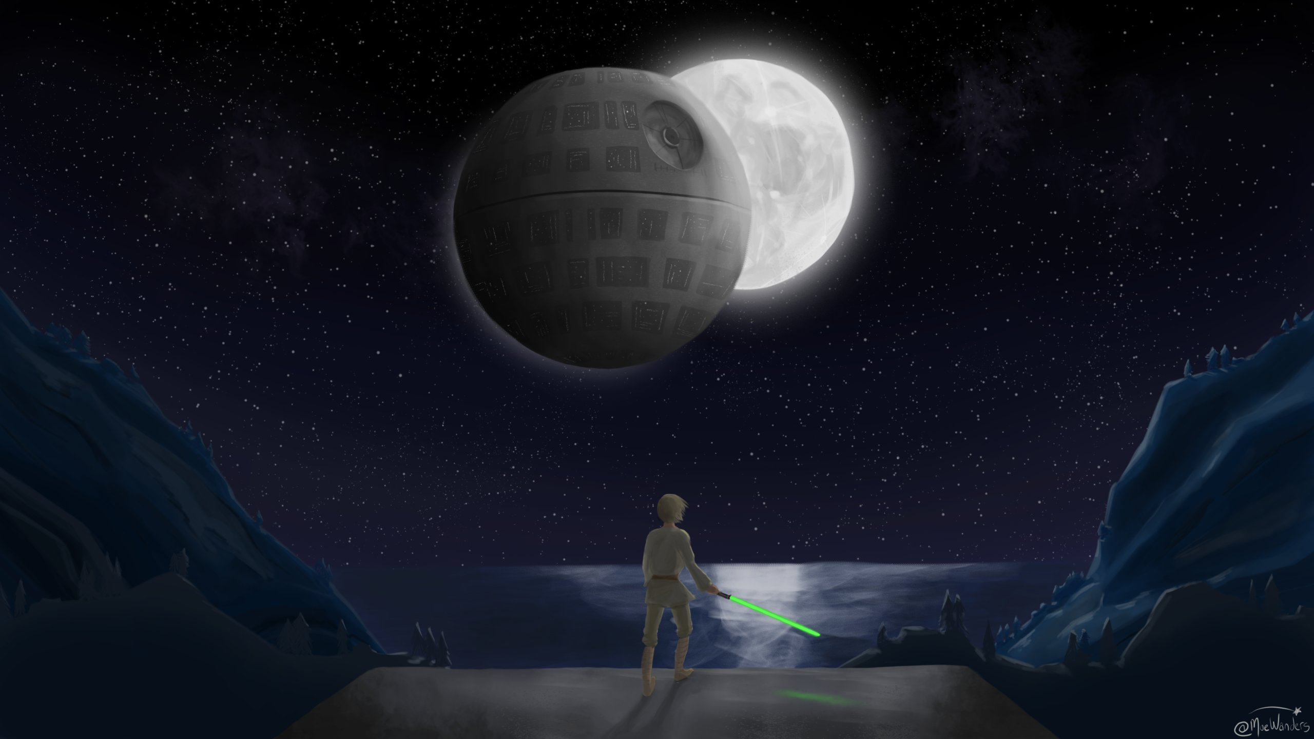 Luke Skywalker with Lightsaber facing Death Star and Moon HD Wallpaper