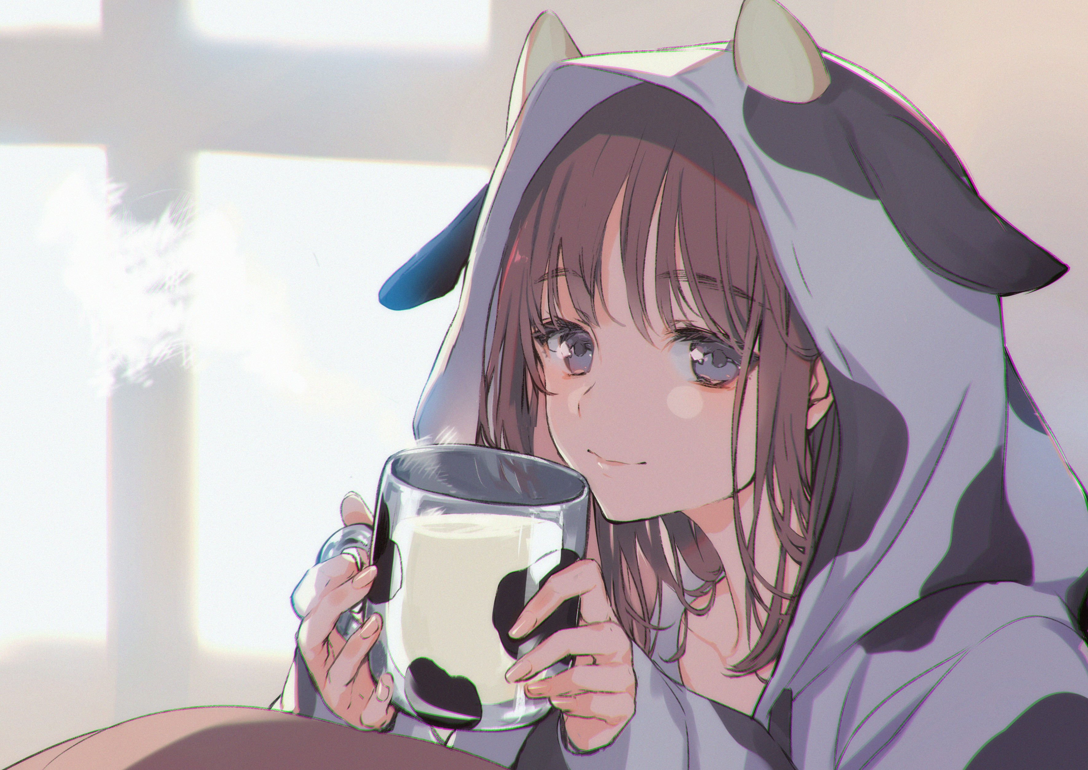 Otowa in Cow Hoodie Holding Milk Cup HD Wallpaper