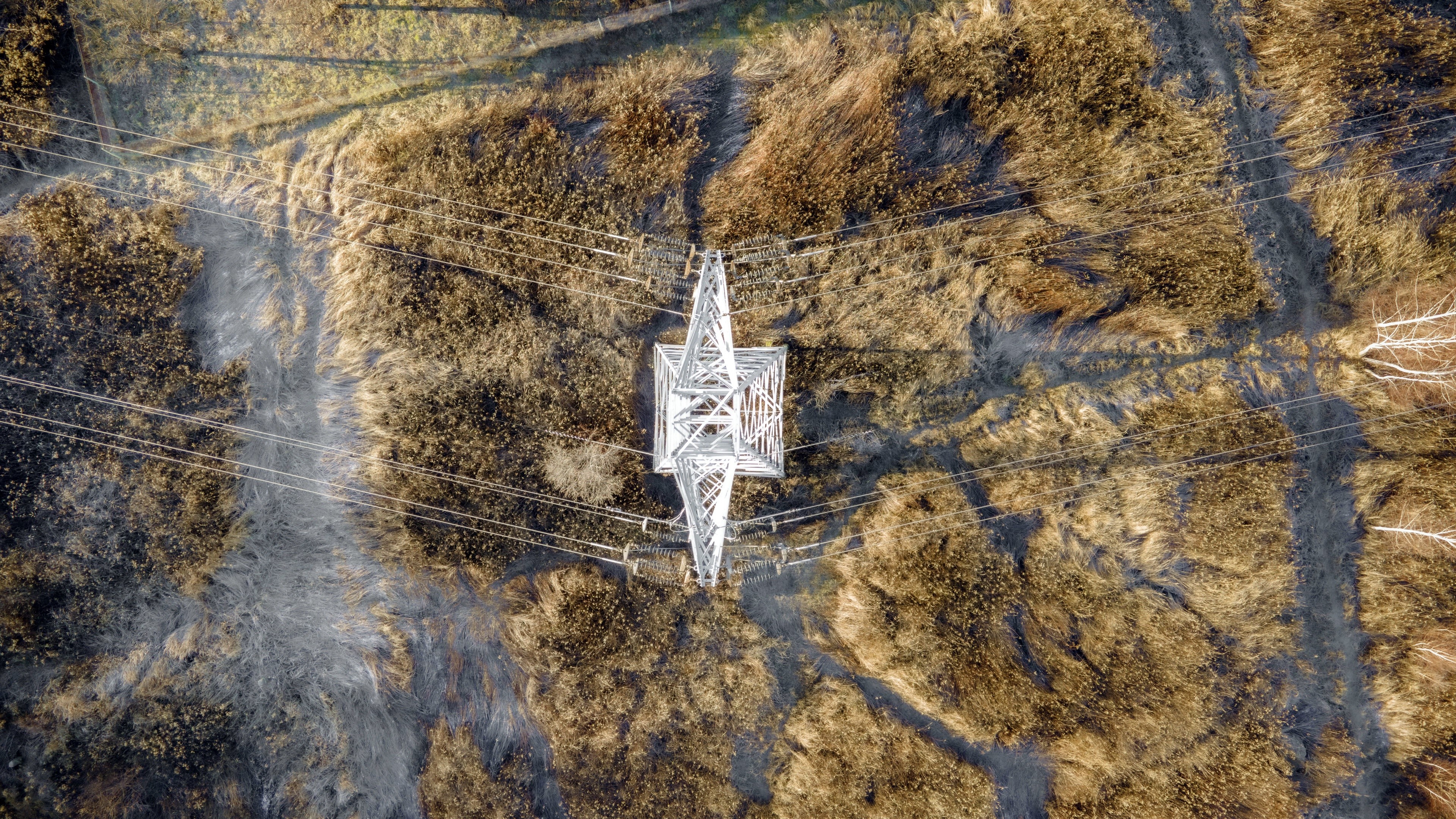 Aerial view of power lines and pylon over dry grass HD Wallpaper