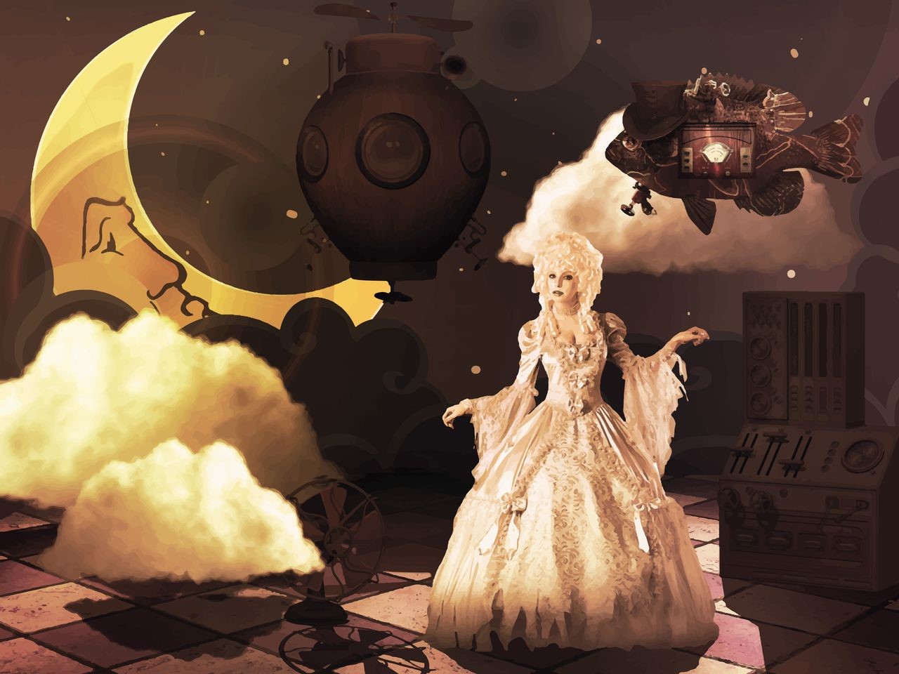 Steampunk fantasy art with a woman in a white dress HD Wallpaper