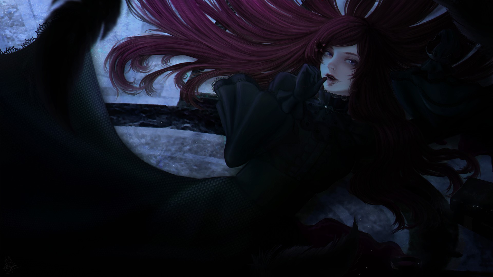 Fantasy girl with long red hair in a black dress HD Wallpaper