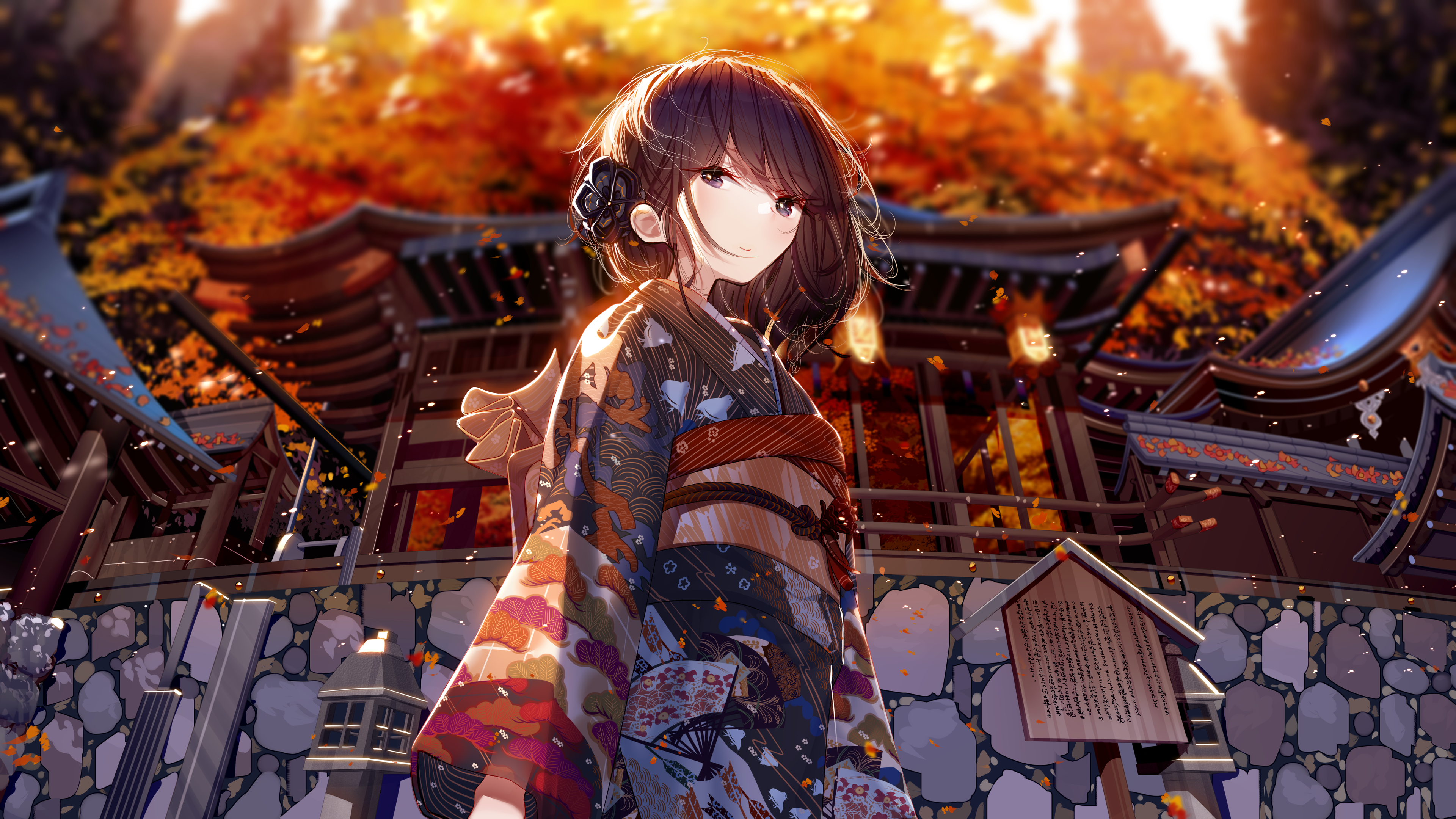 Anime girl in kimono at a shrine during autumn HD Wallpaper