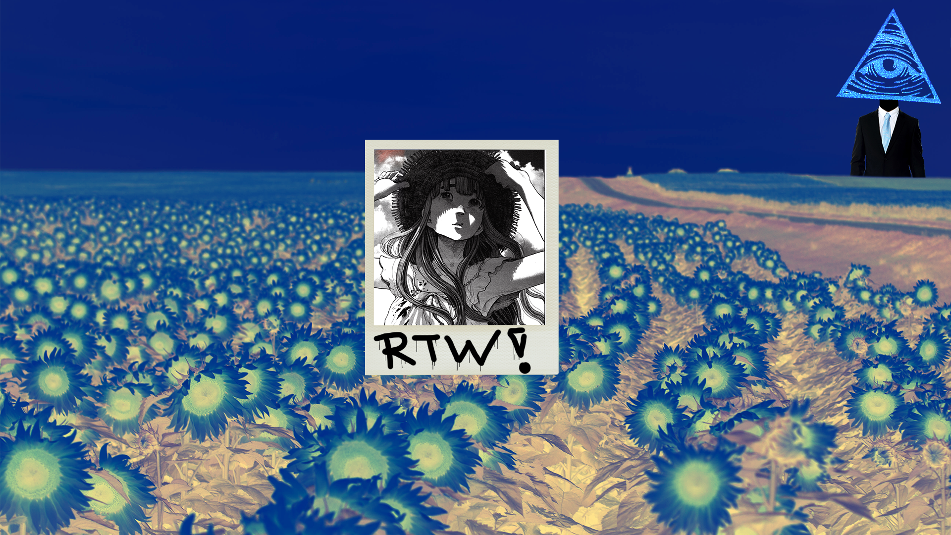 Anime girl in straw hat with RTW! text in sunflower field HD Wallpaper