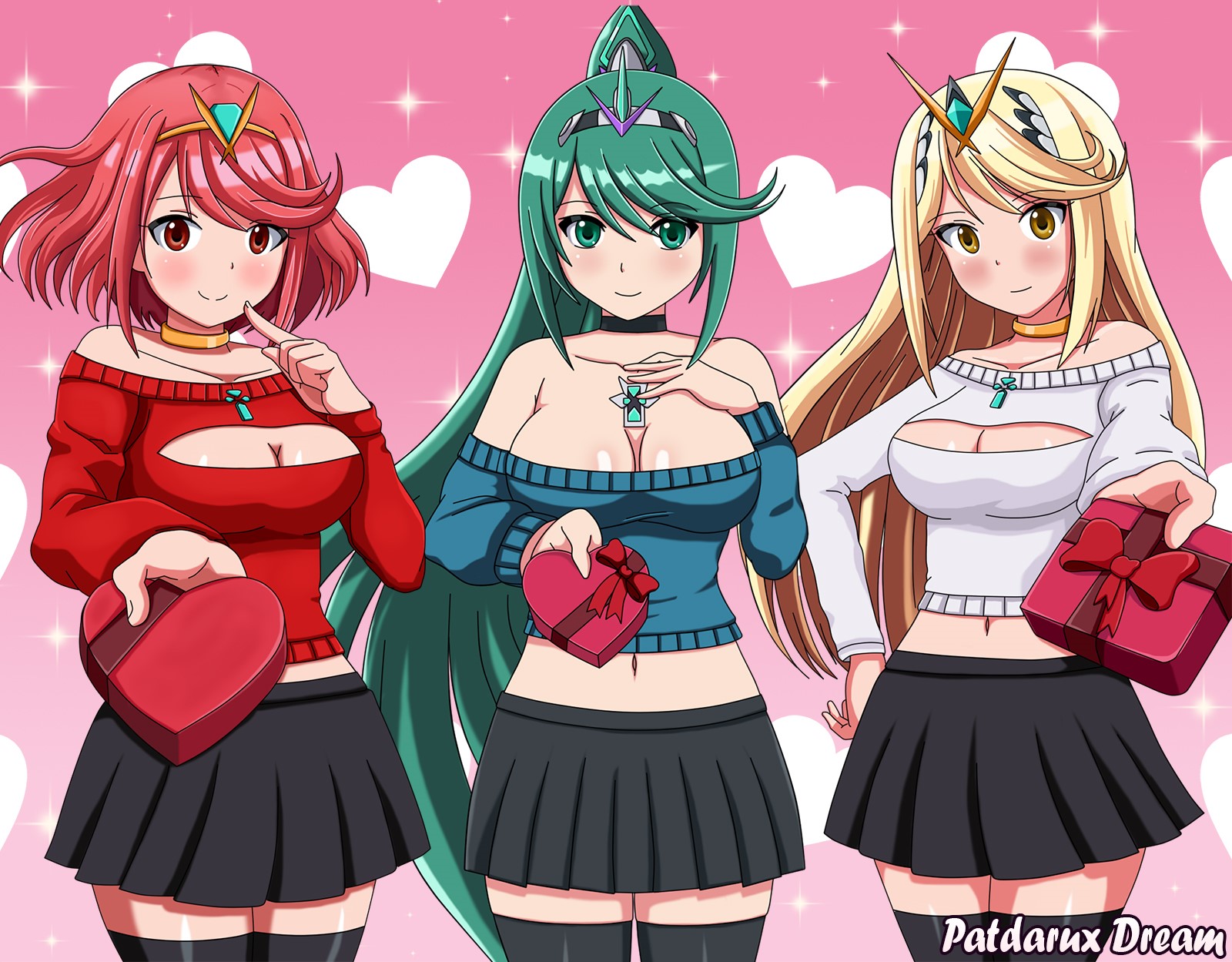 Pyra, Mythra, and Pneuma from Xenoblade Chronicles 2 with presents HD Wallpaper