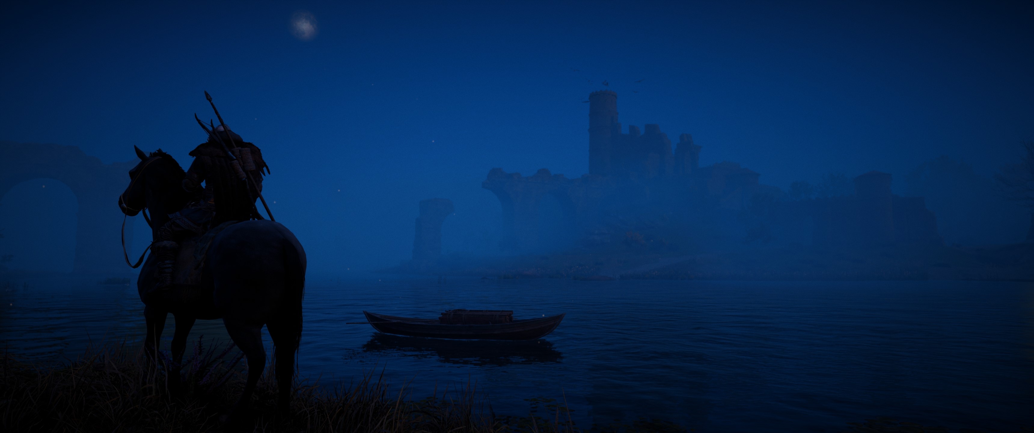 Assassin's Creed Valhalla: Man on horse by river at night HD Wallpaper
