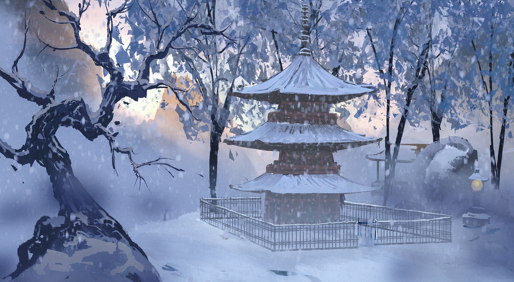 Anime style winter scene with a pagoda in snow HD Wallpaper