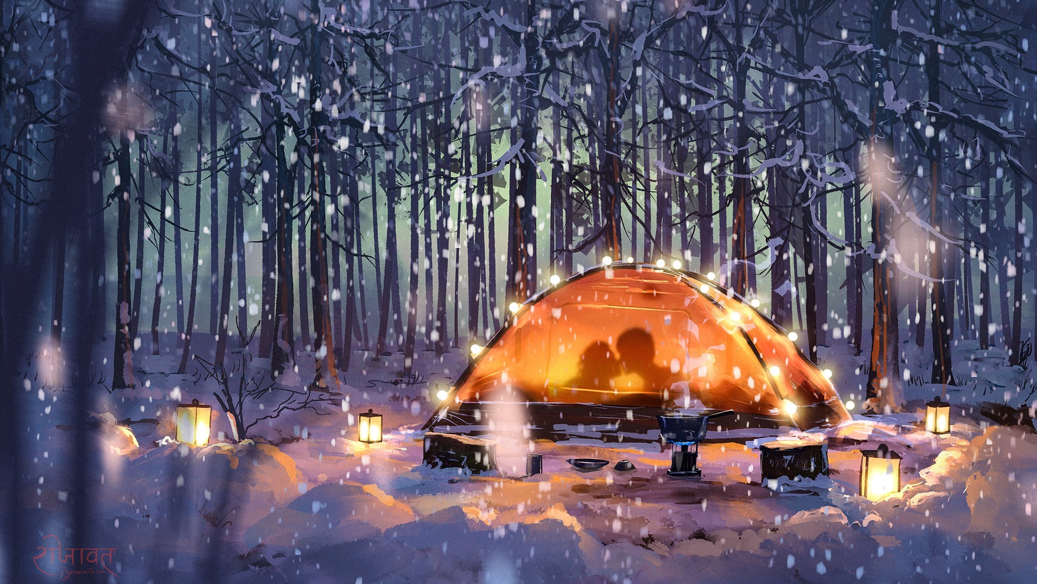 Couple in tent in snowy forest at night HD Wallpaper