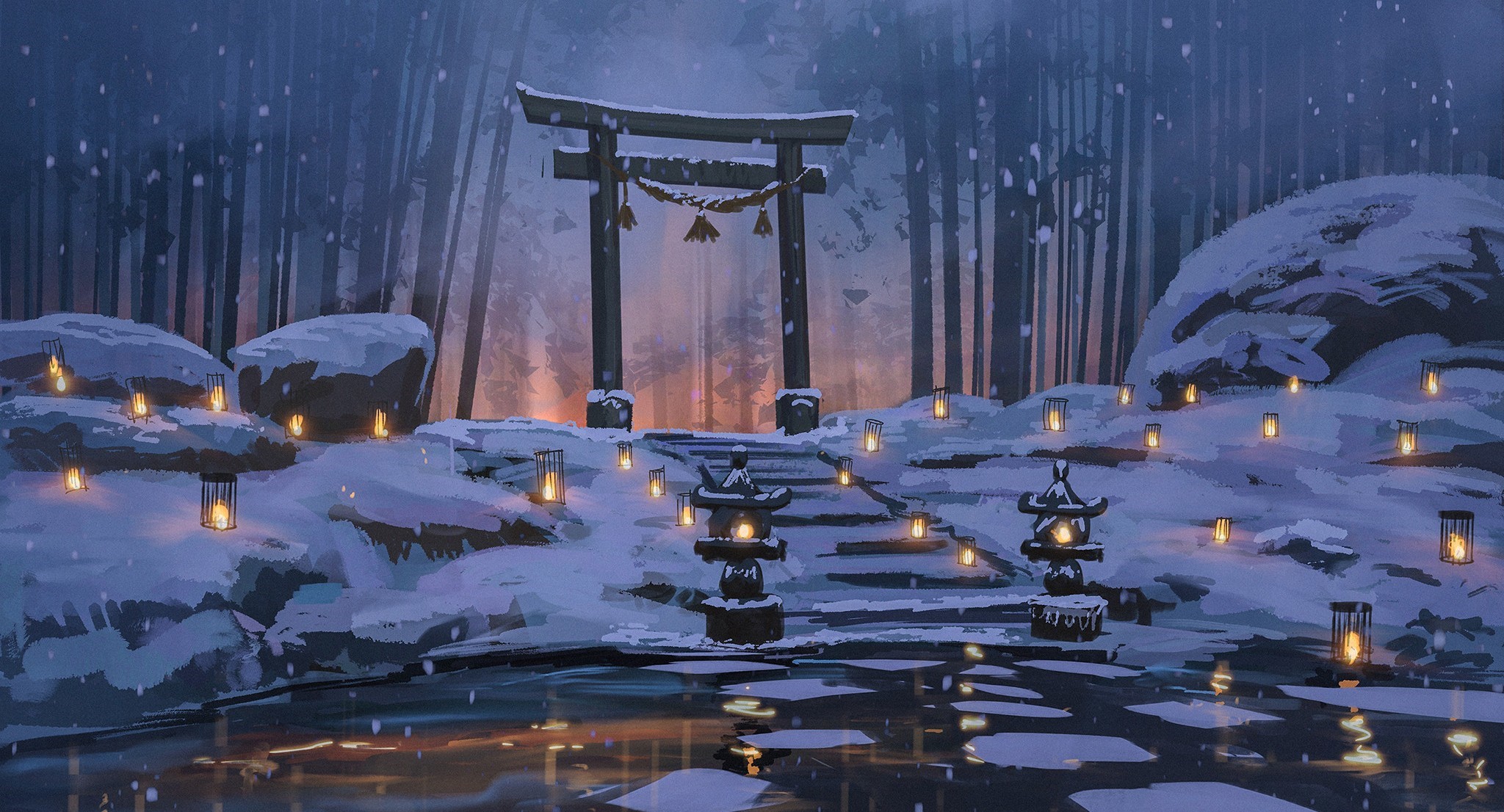 Snowy forest with Torii gate and lanterns HD Wallpaper
