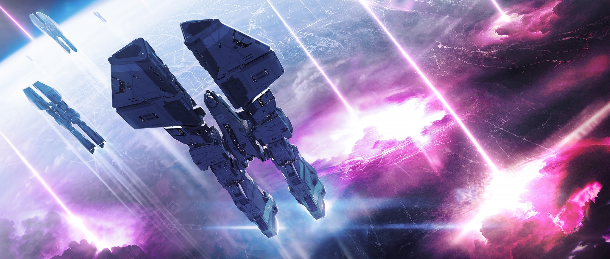 Spaceships in a cosmic battle with purple energy beams HD Wallpaper