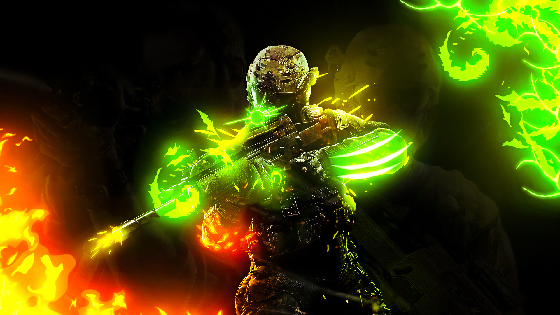 Soldier with glowing green energy and fire HD Wallpaper