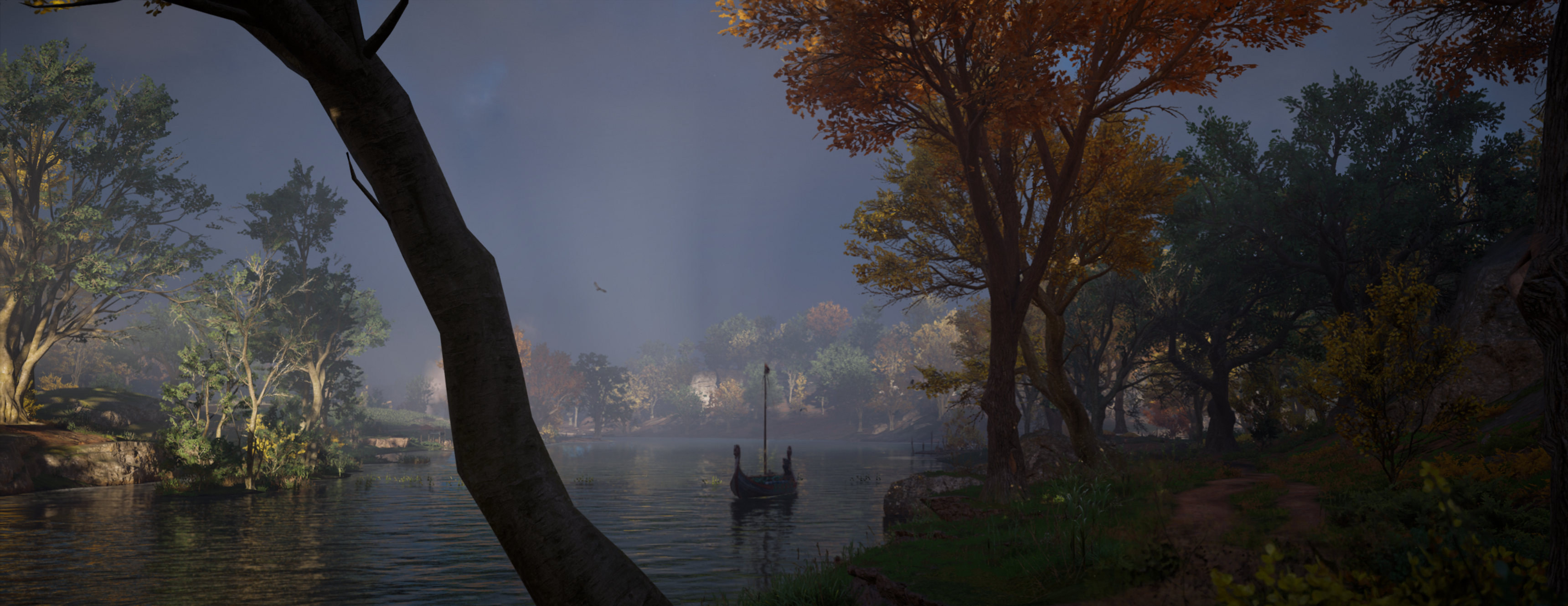 Assassin's Creed Valhalla landscape with Viking longship on water HD Wallpaper
