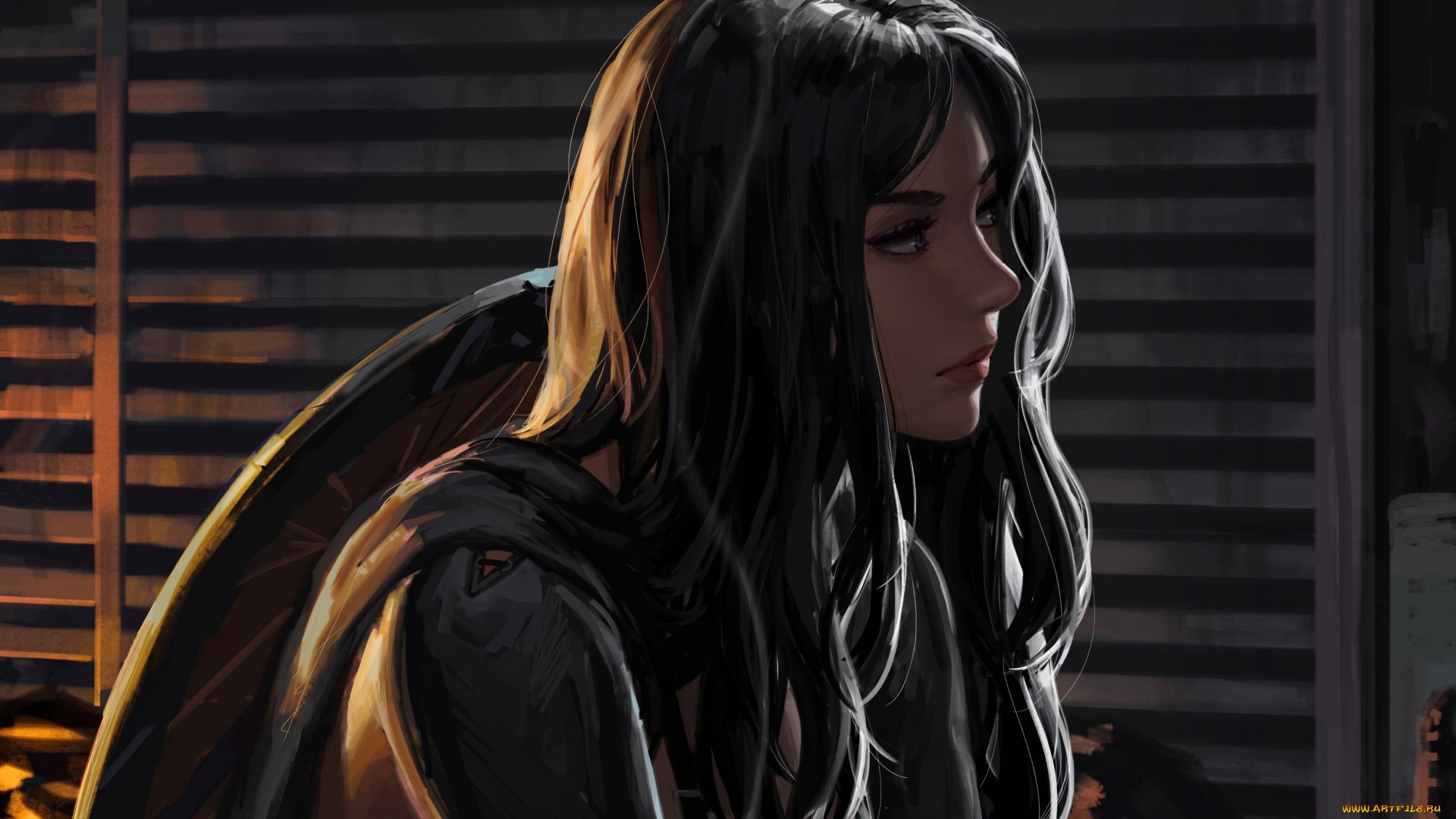 GUWEIZ Artwork of Woman with Dark Long Hair HD Wallpaper