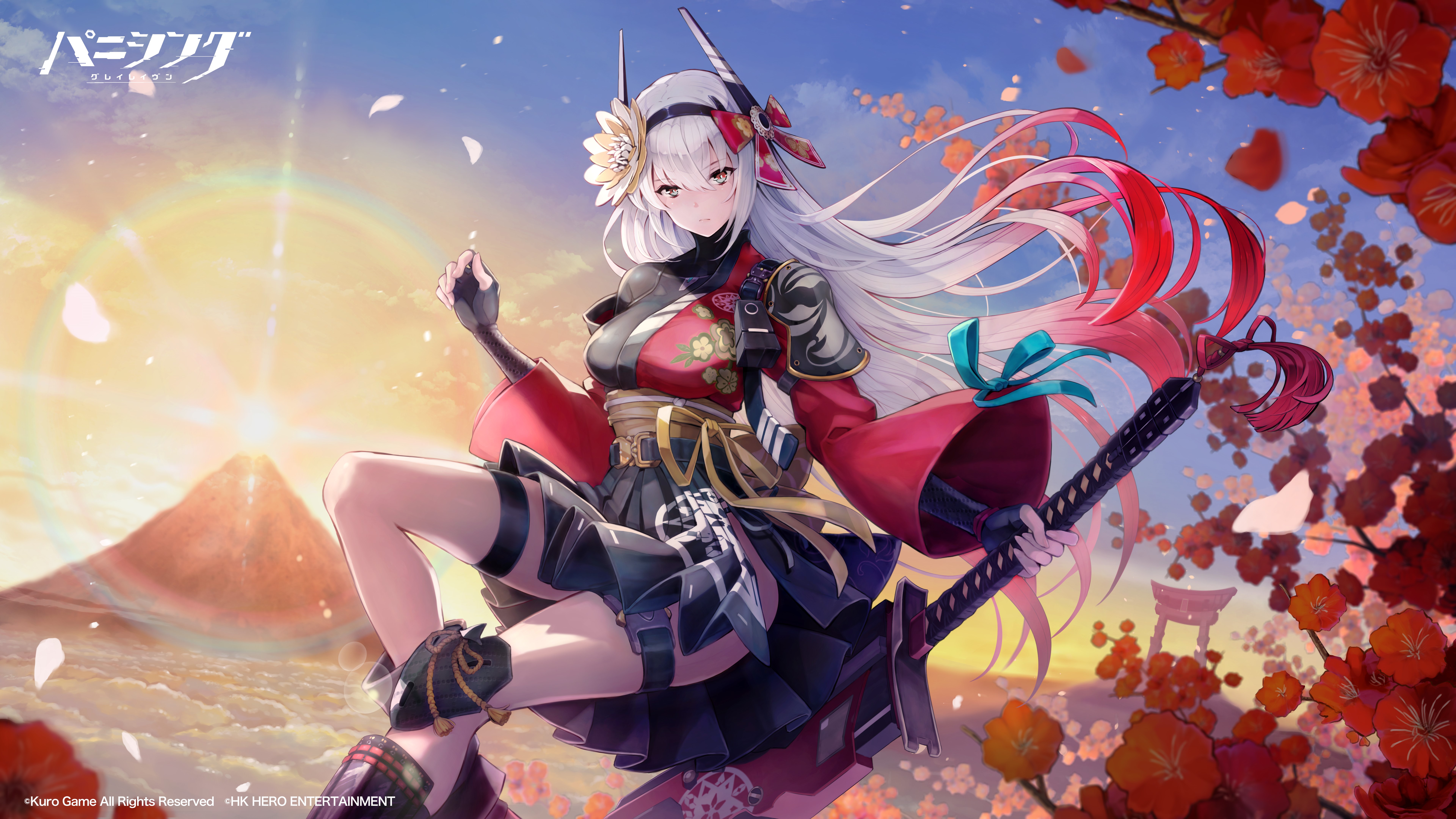 4K artwork of Hoshizaki Reita from Gray Raven with sword and flowers HD Wallpaper