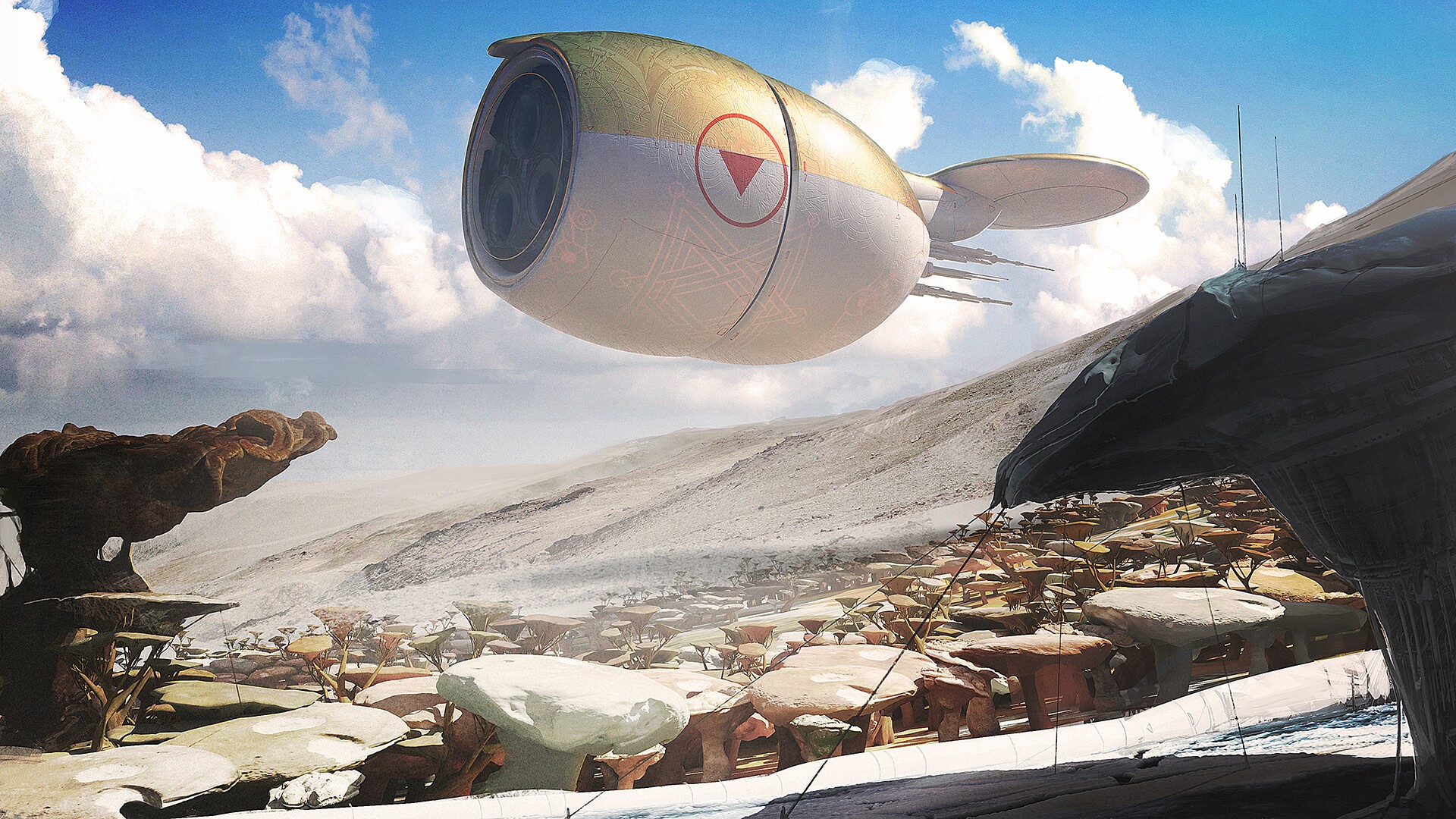 Science fiction artwork of a futuristic vehicle over an alien landscape HD Wallpaper
