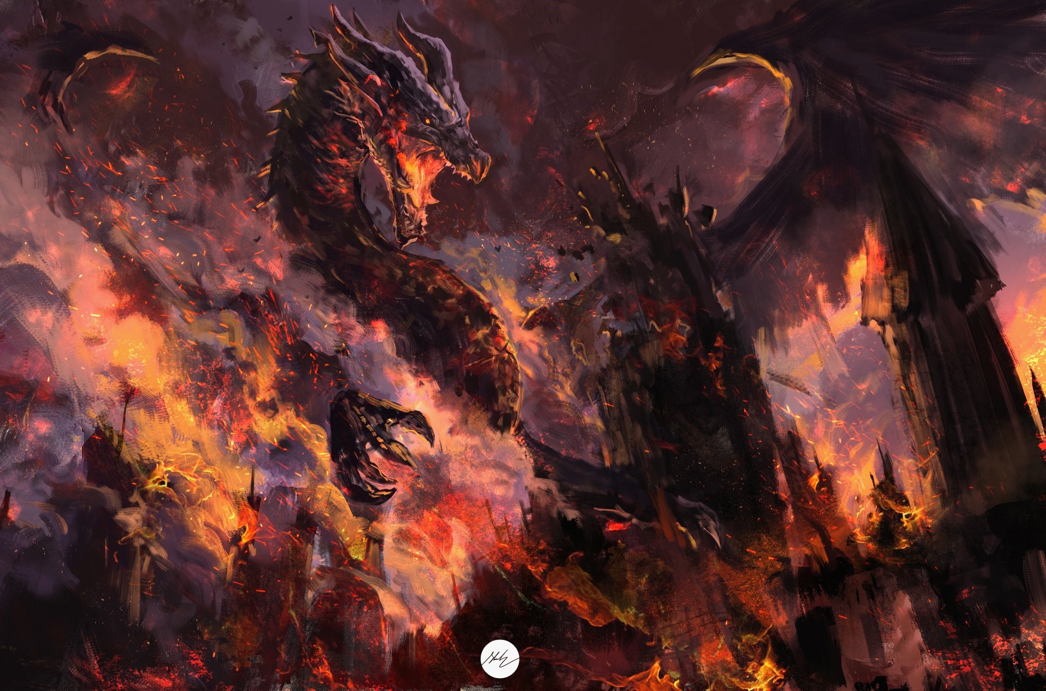 Dragon attacking a burning city HD Wallpaper