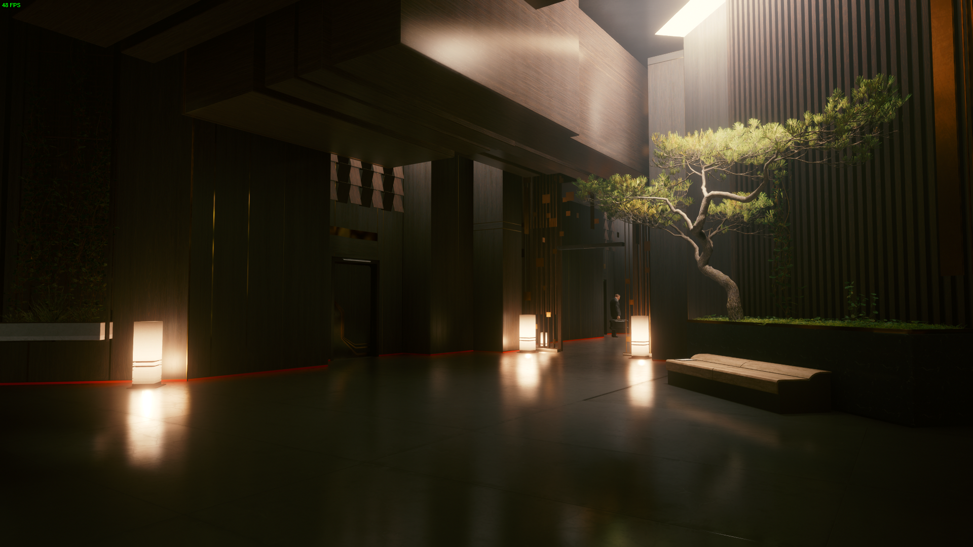 Cyberpunk 2077 lobby with bonsai tree HD Wallpaper