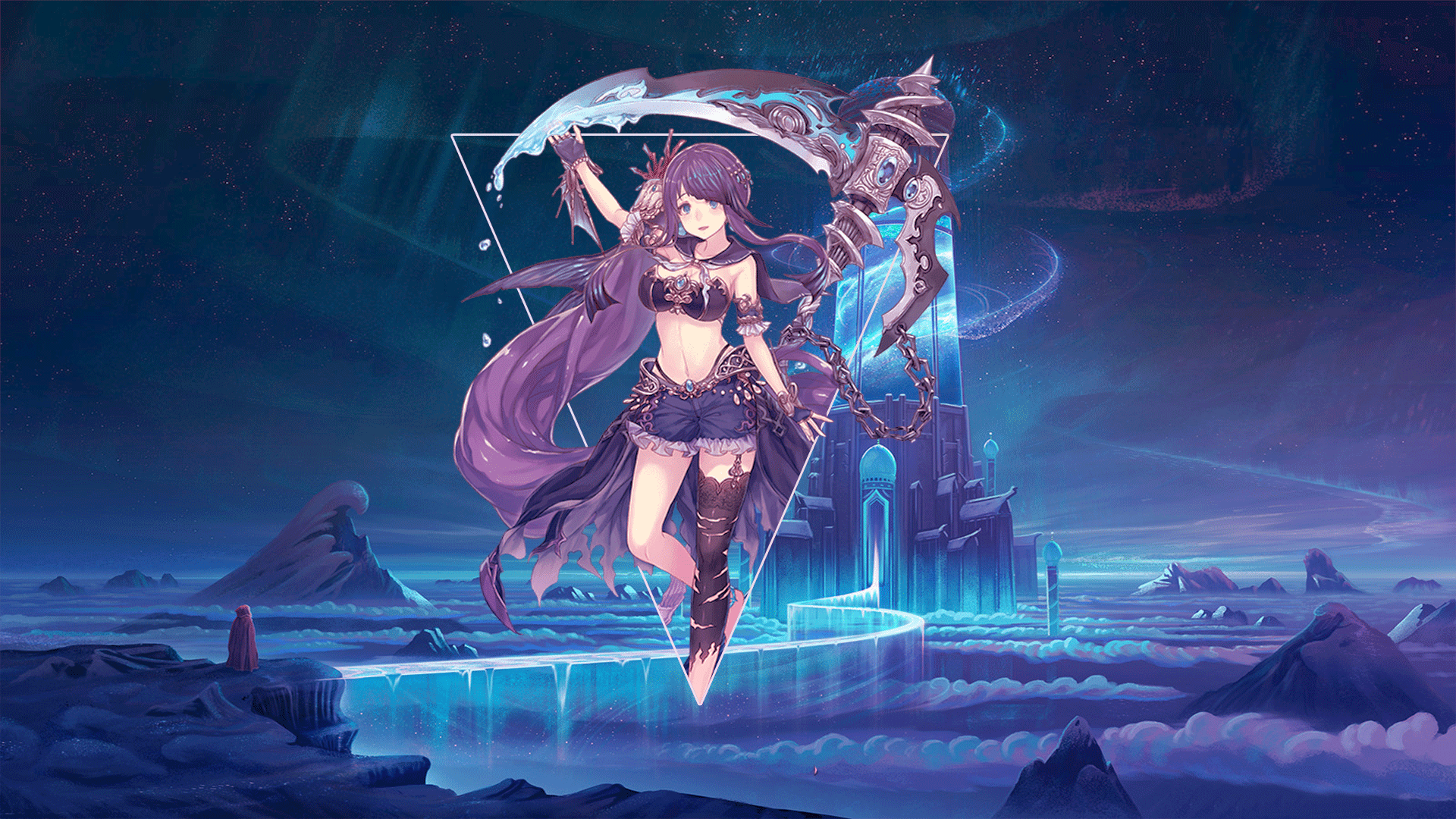 Anime girl with scythe in a fantasy landscape HD Wallpaper