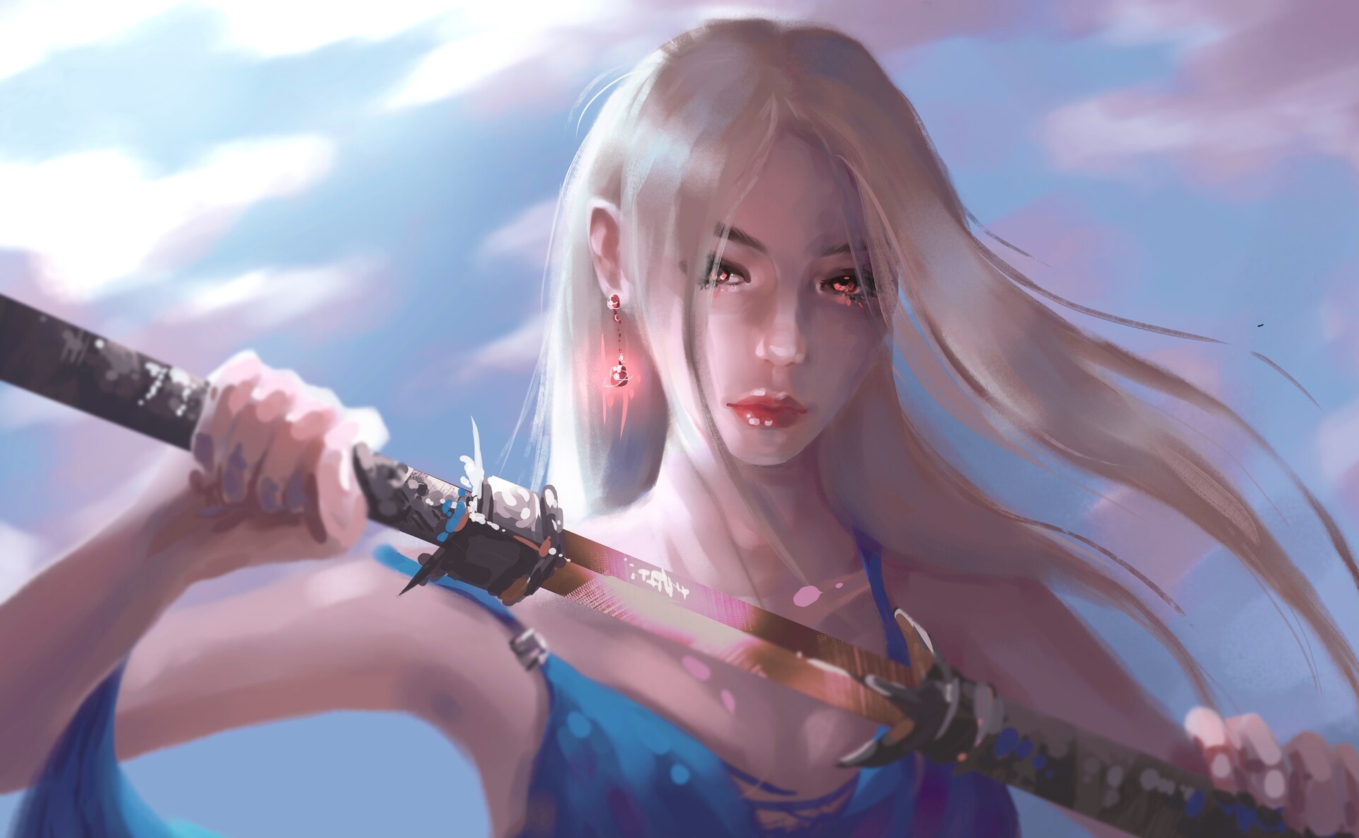 Woman with blonde hair holding a sword HD Wallpaper