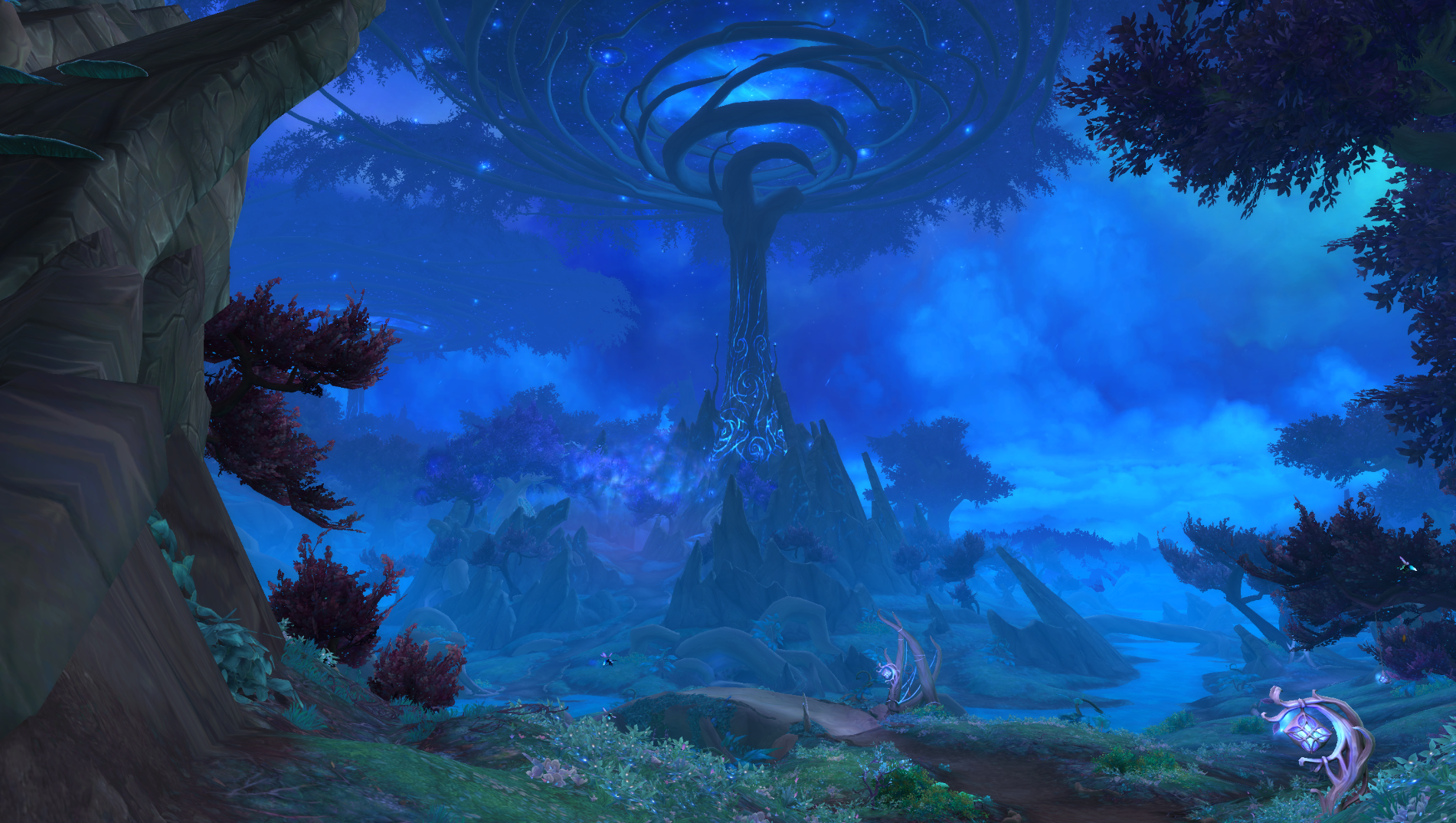 World of Warcraft fantasy landscape with a large glowing tree HD Wallpaper