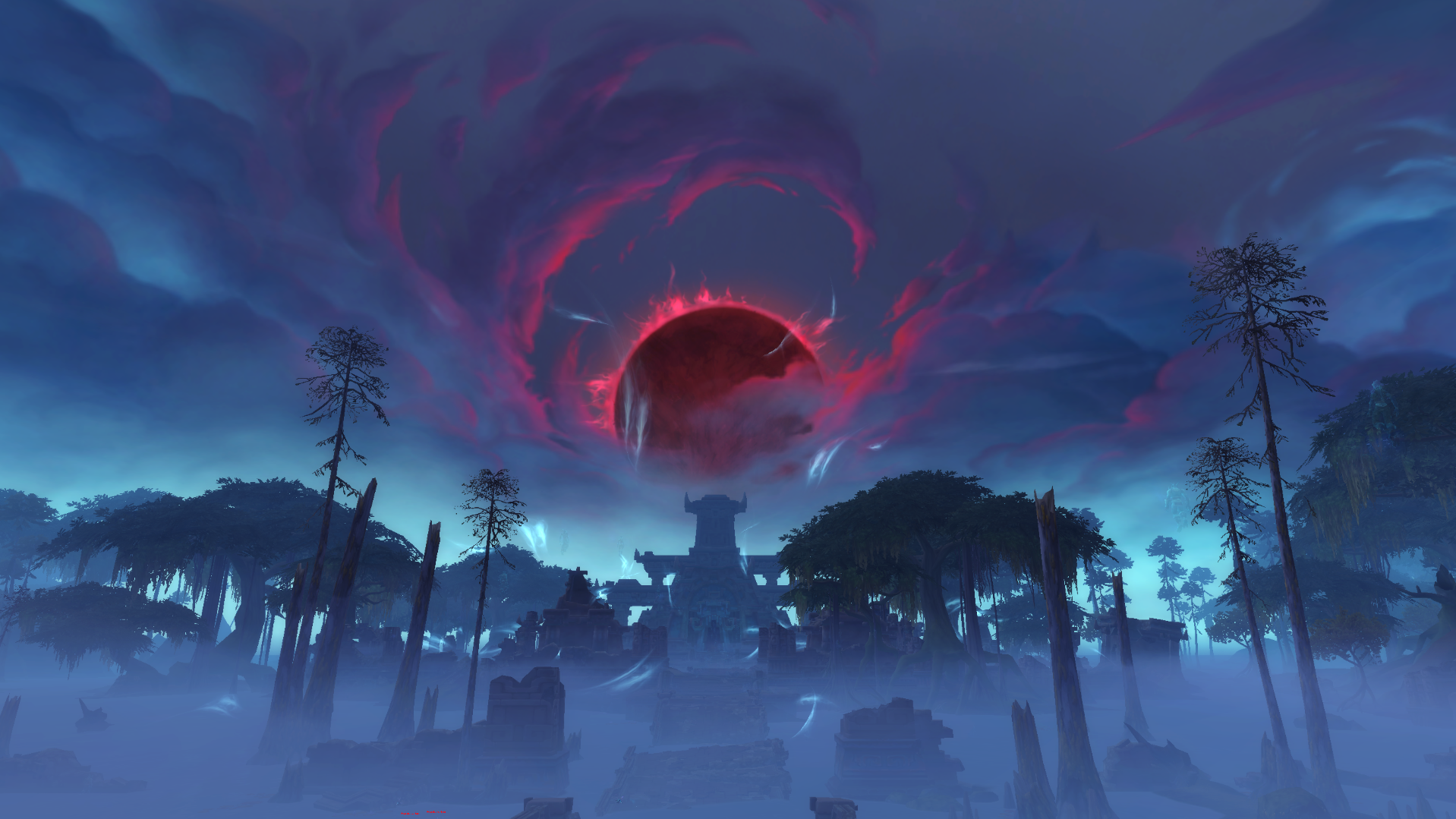World of Warcraft screenshot of a dark eclipse over ruins HD Wallpaper