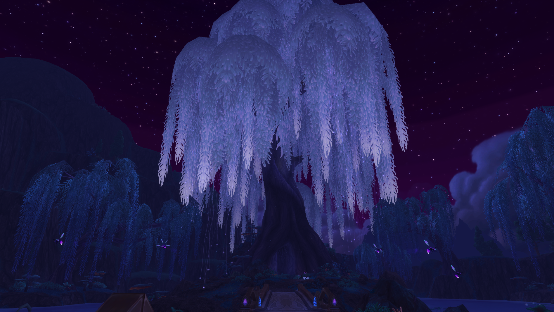 World of Warcraft landscape with a large tree at night HD Wallpaper