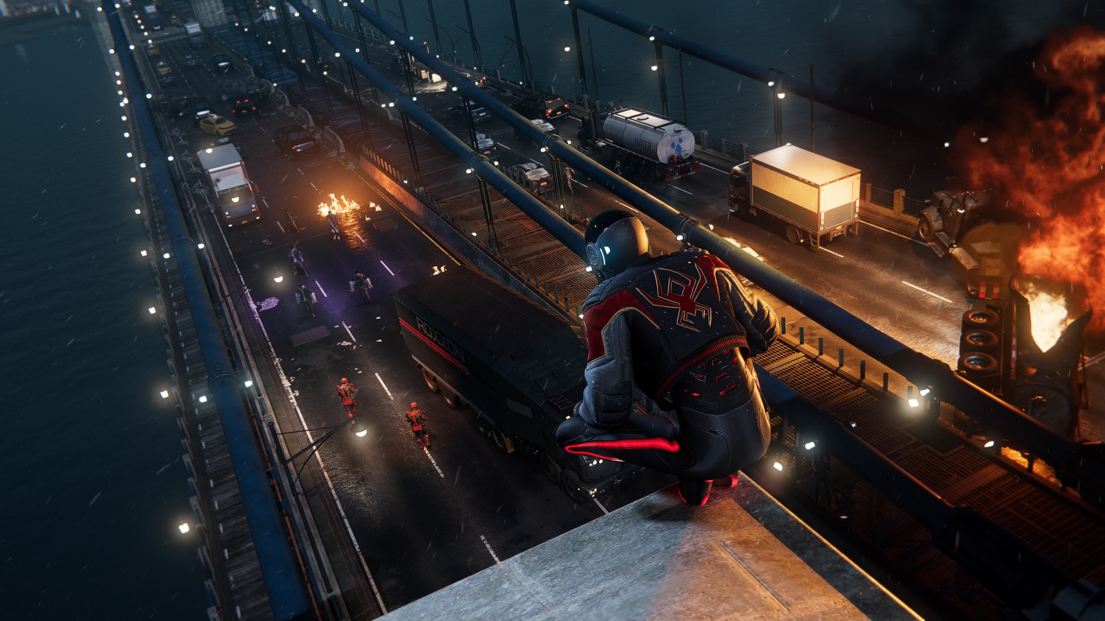 Miles Morales from Spider-Man on a burning bridge HD Wallpaper