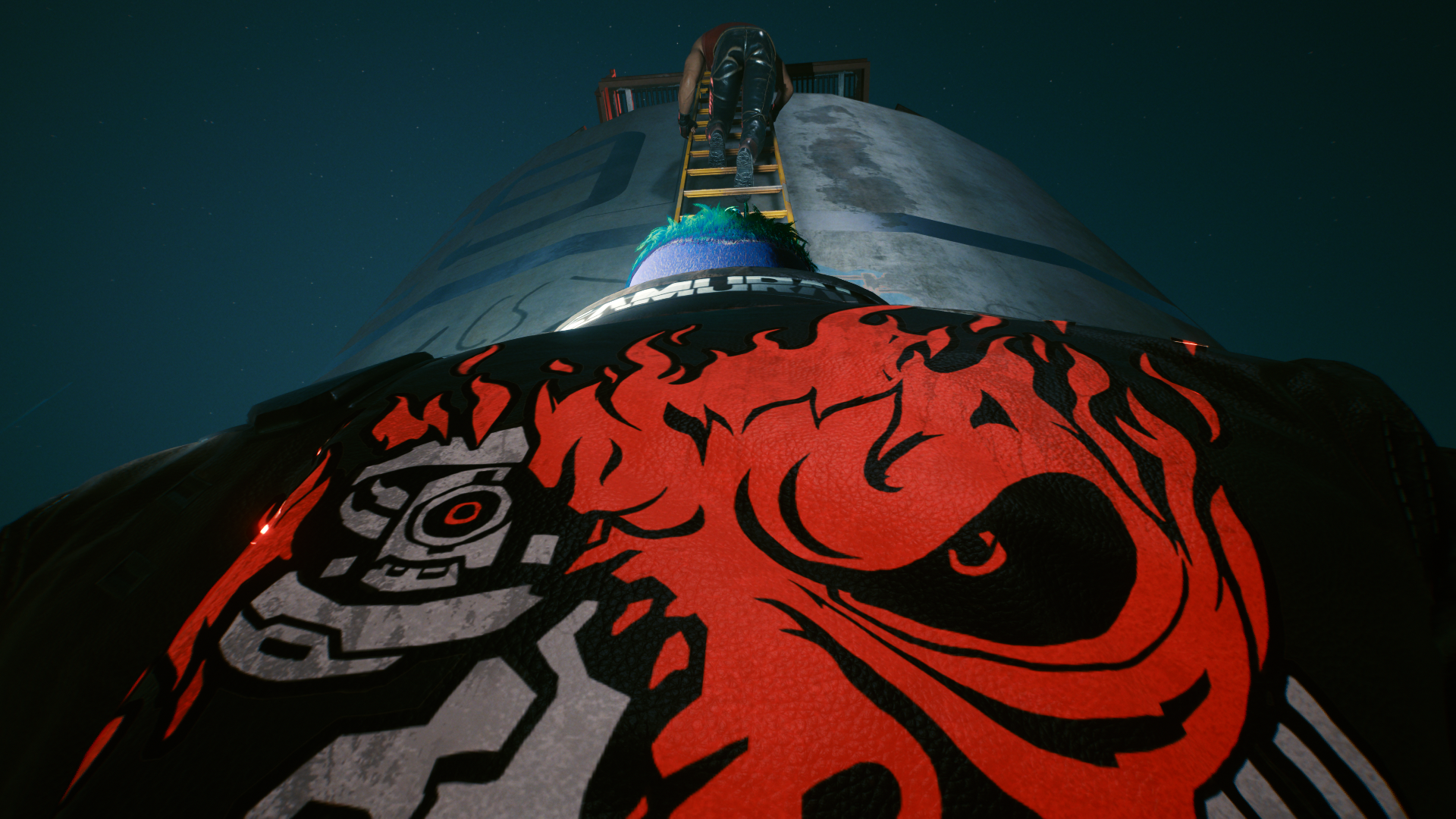 Character from Cyberpunk 2077 climbing a ladder HD Wallpaper