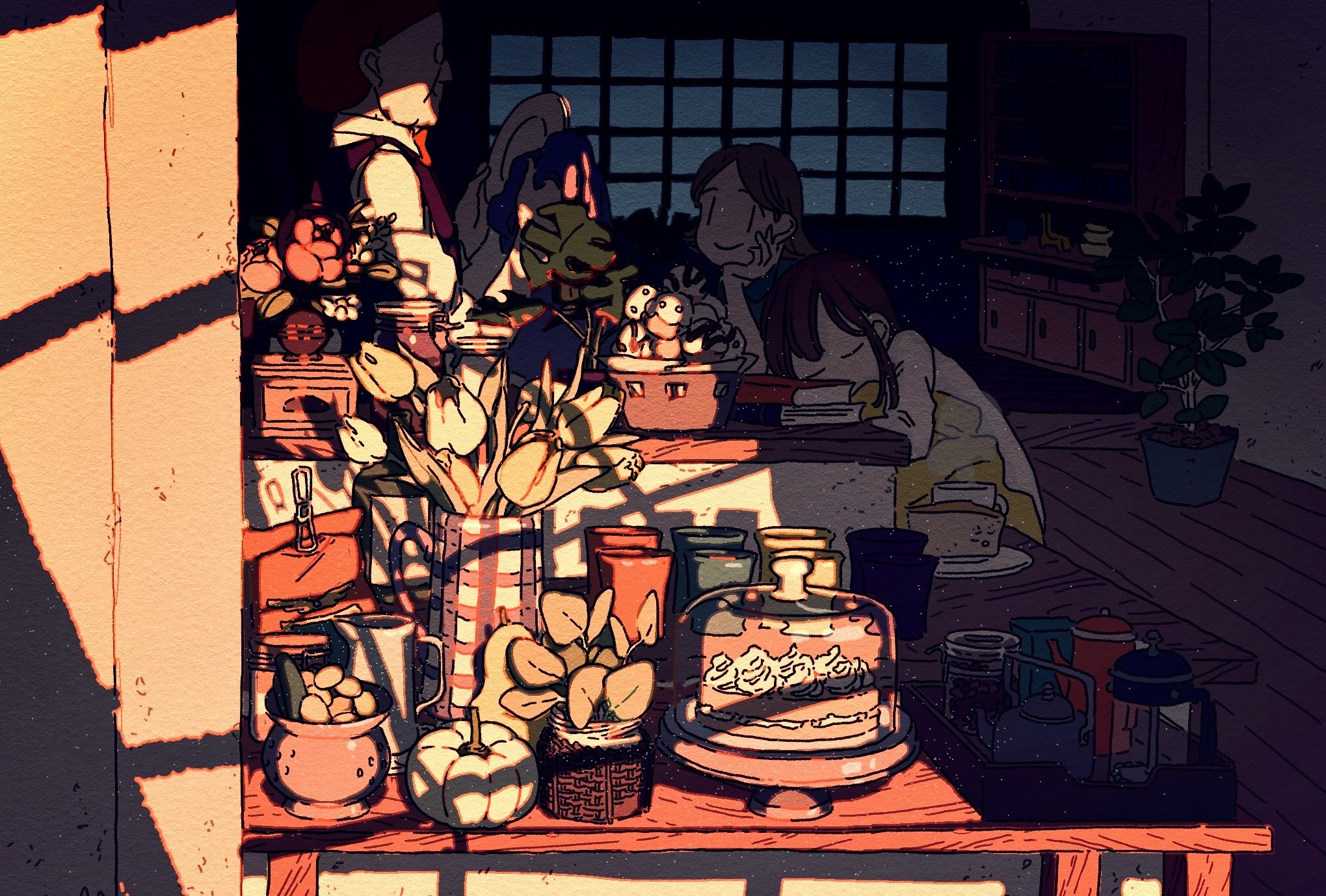 Anime characters in a cafe with flowers and cake HD Wallpaper