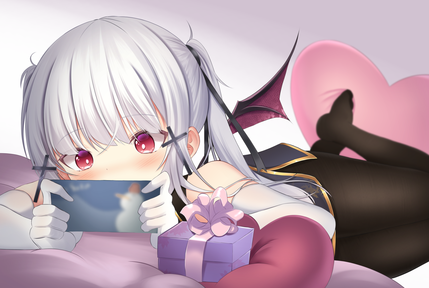 Anime girl with silver hair and red eyes holding a phone HD Wallpaper
