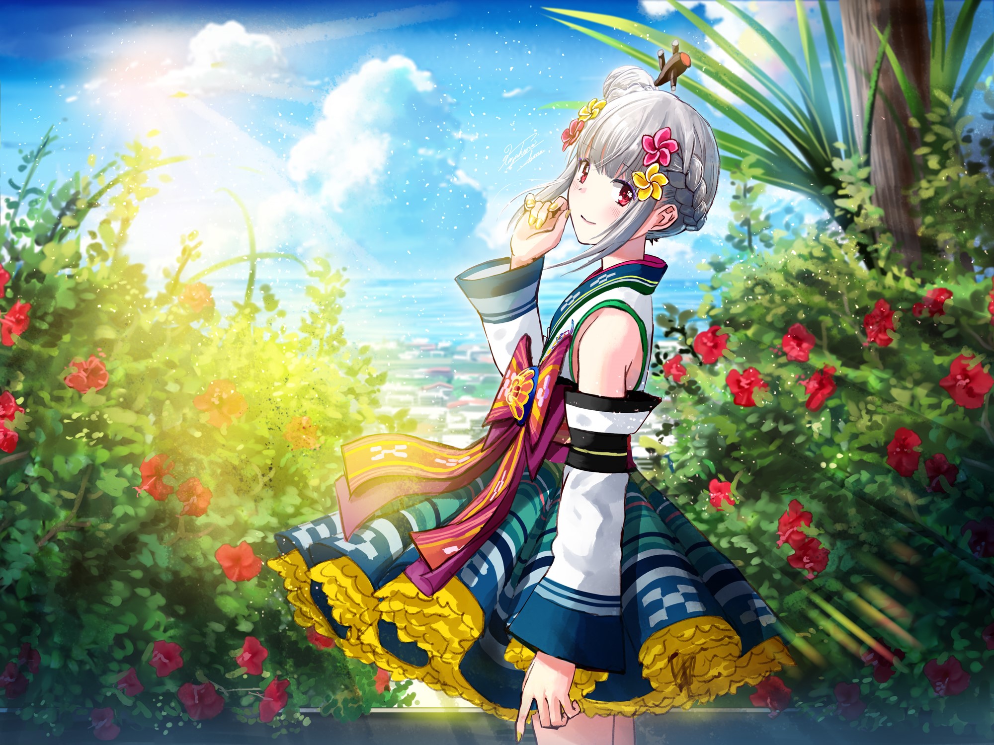 Anime girl with silver hair and flowers in her hair HD Wallpaper