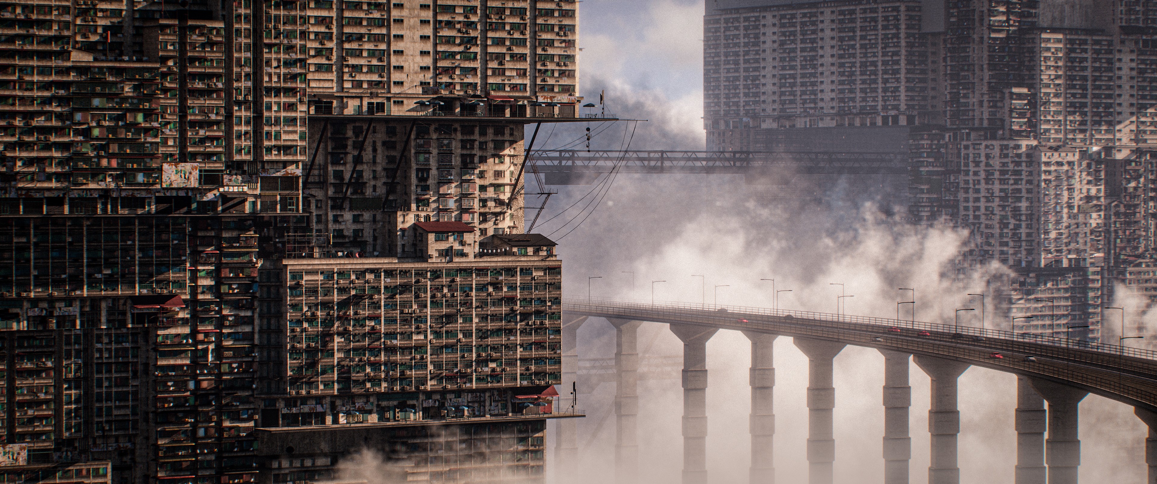 4K render of a dense, layered urban cityscape with a bridge HD Wallpaper