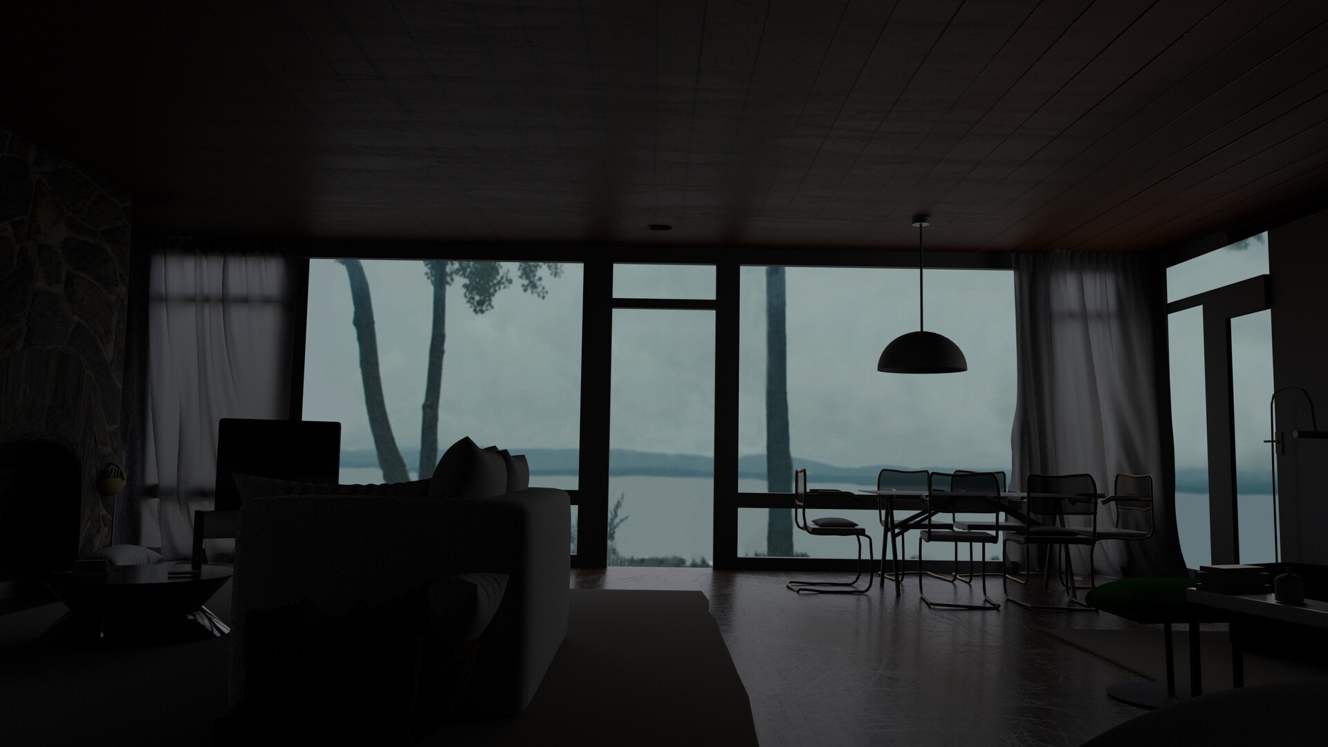 Interior of a modern house with a lake view HD Wallpaper