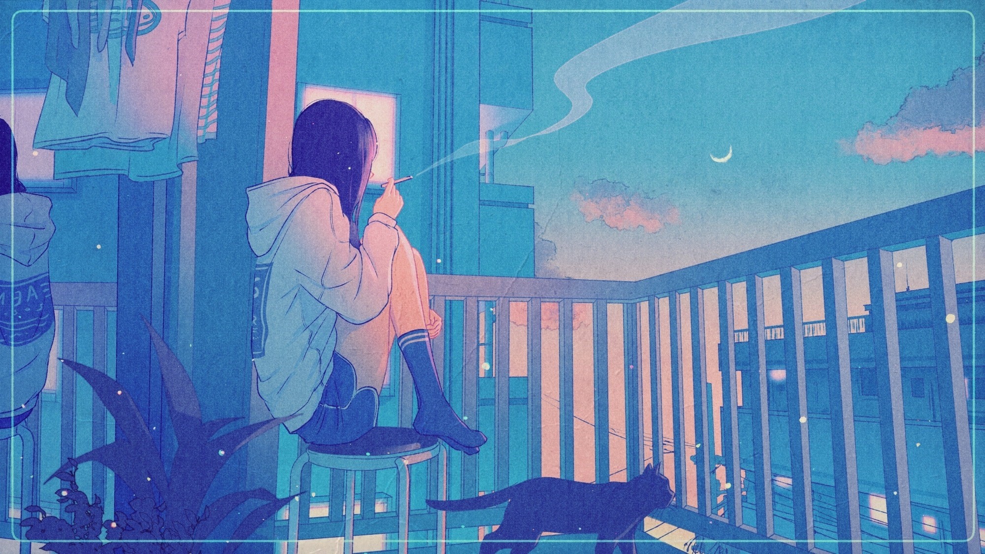 Anime girl smoking on a balcony with a cat HD Wallpaper